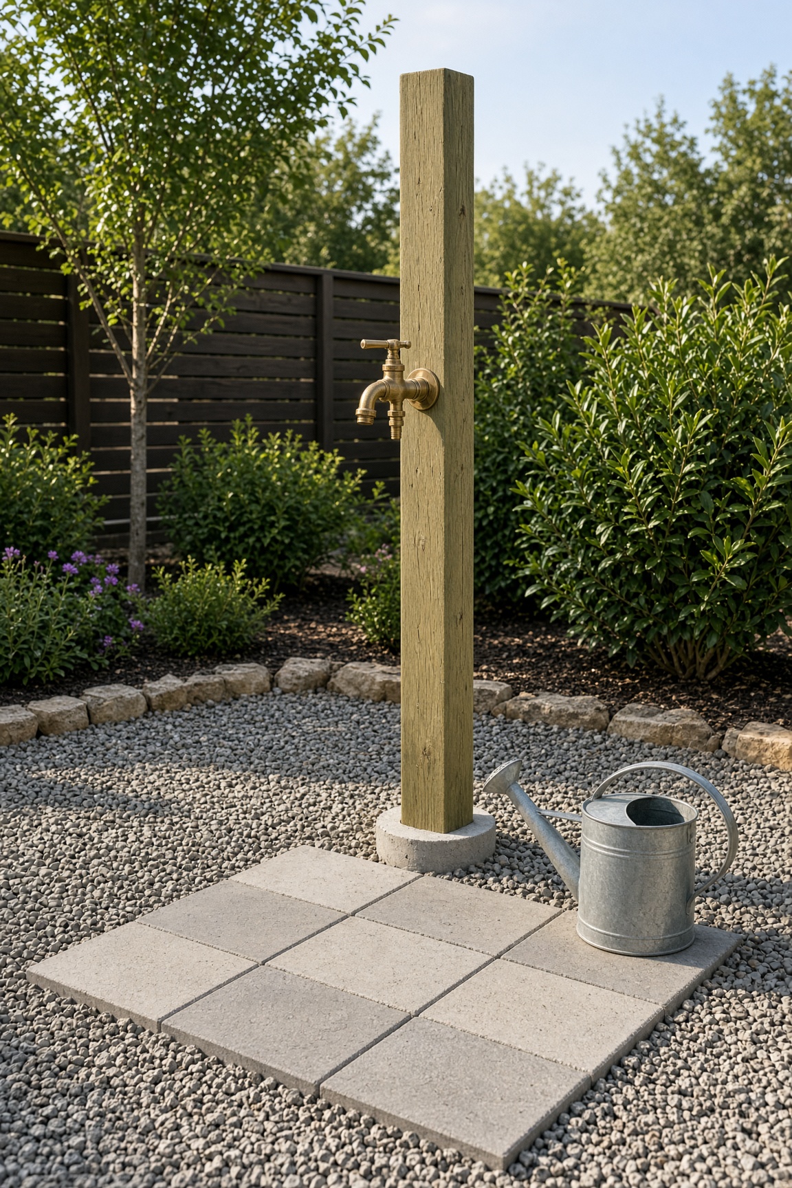 A wooden 4×4 post with a brass faucet mounted on a concrete base, surrounded by a paver pad and a watering can