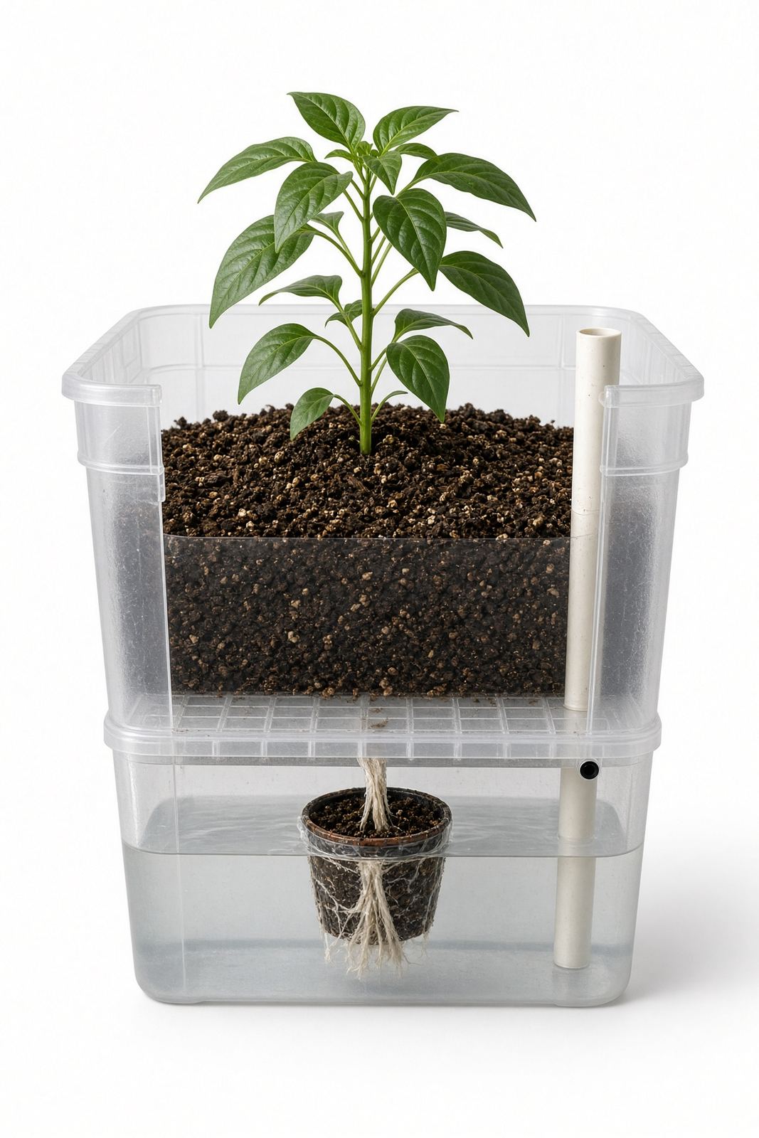 Cutaway of a tote SIP showing roots growing from the wicking basket into the reservoir