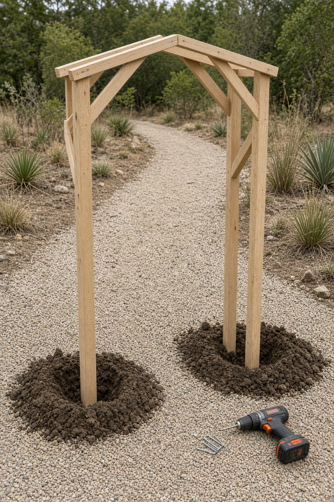 Two 2×4 legs set into the ground with a cordless drill and screws nearby, showing the buried-post method