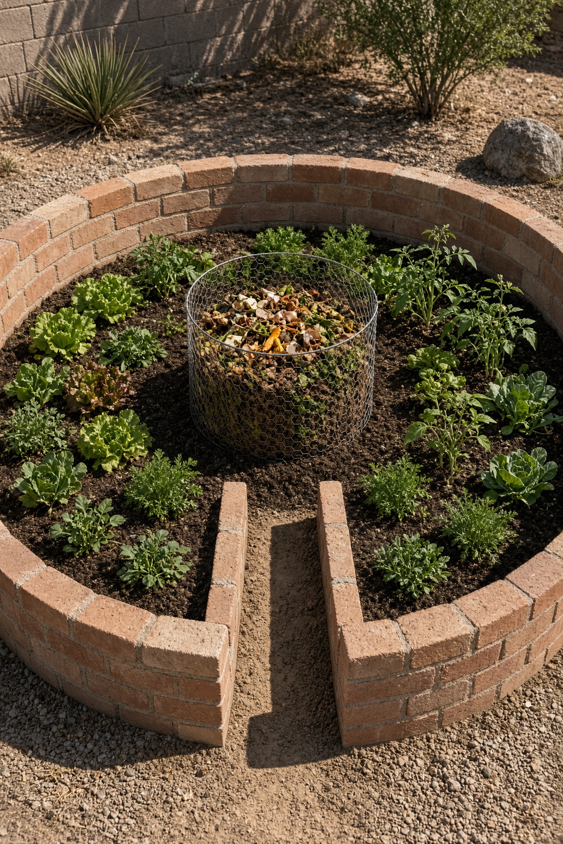 A circular keyhole garden built with red brick, a wire compost tower filled with scraps, and young vegetables around it