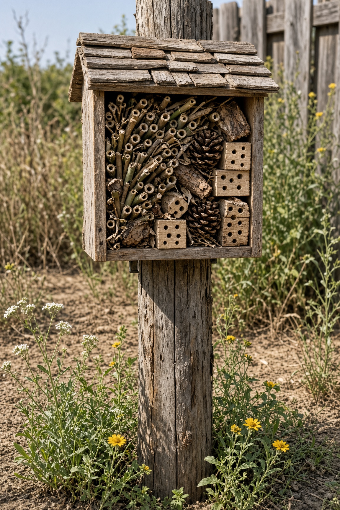 A small wooden bug hotel on a post with a shingled scrap roof, packed with stems, drilled blocks, and pine cones