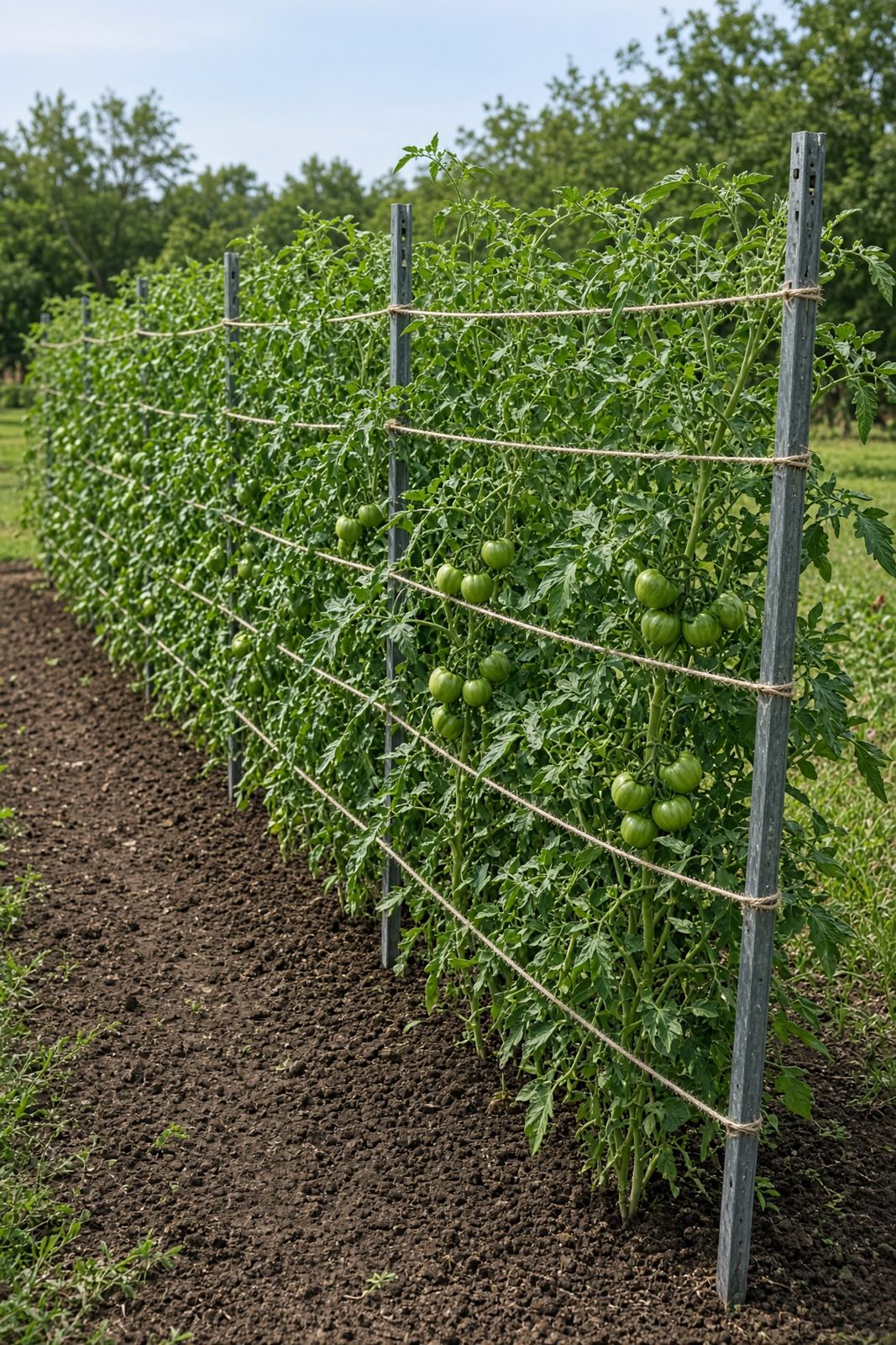 Long row of tomato plants trained to stakes with the Florida weave method