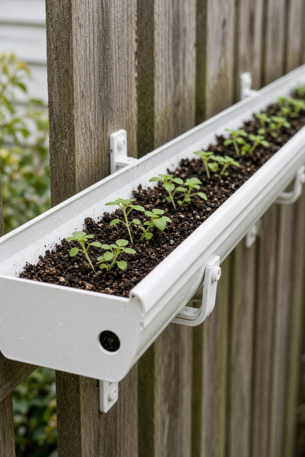 Close-up of a white vinyl gutter bracket screwed into a fence post with small herb seedlings