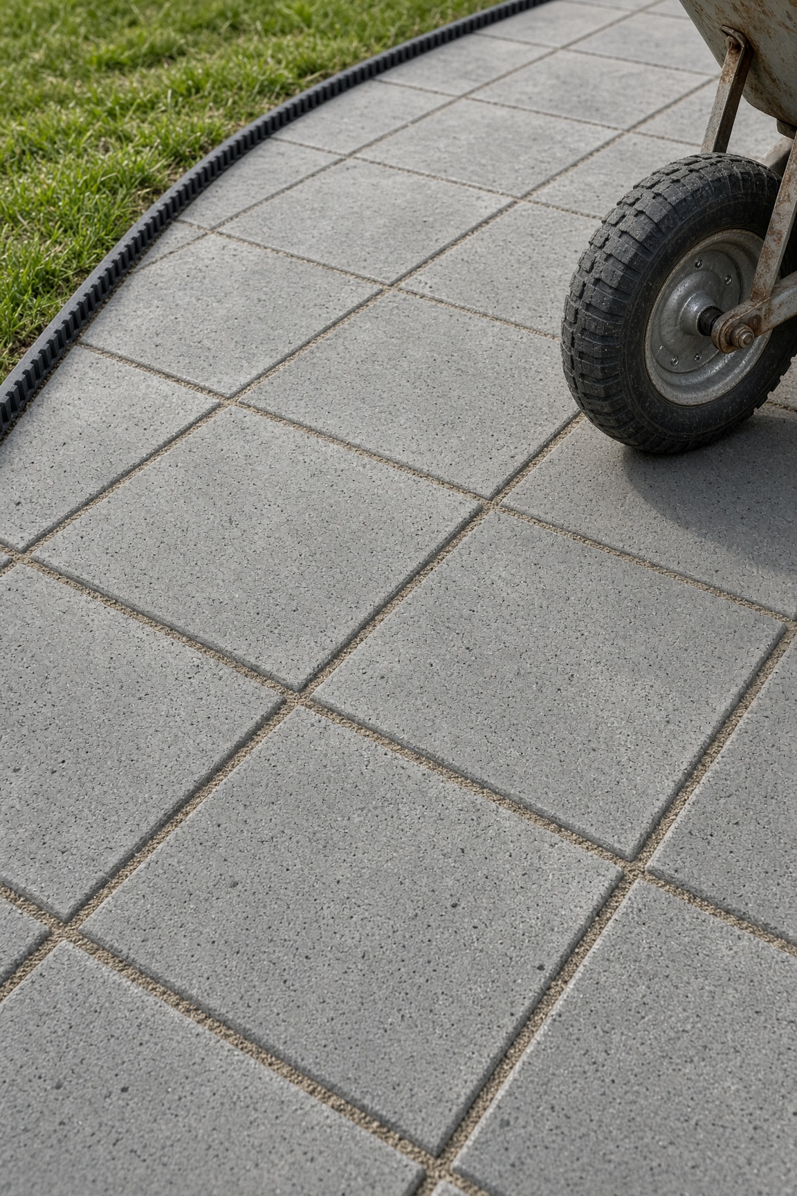 Close-up of 12×12 inch concrete pavers with edging and a wheelbarrow wheel