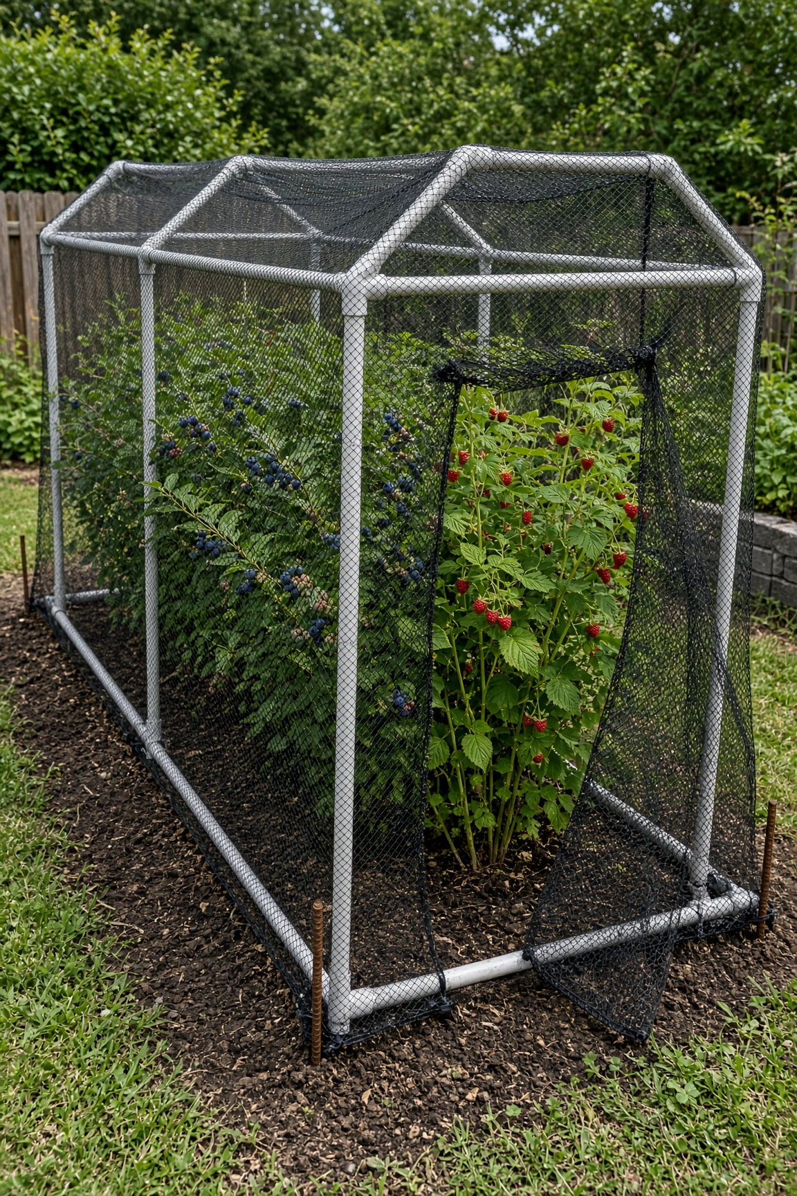A PVC bird-netting frame covering a berry bed with blueberries and raspberries inside