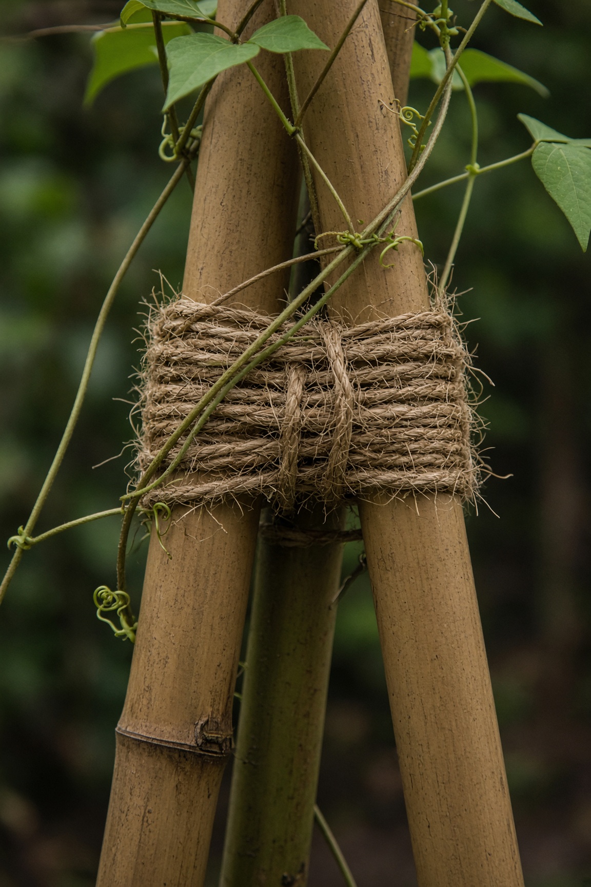 Close-up of bamboo poles lashed with twine at the top of a bean teepee