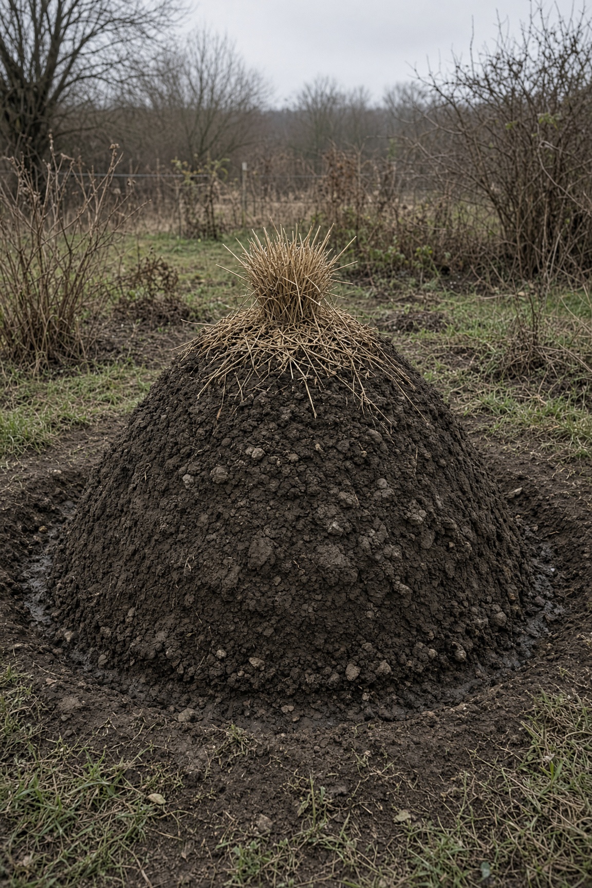 A soil-and-straw root crop clamp with a straw chimney in a field
