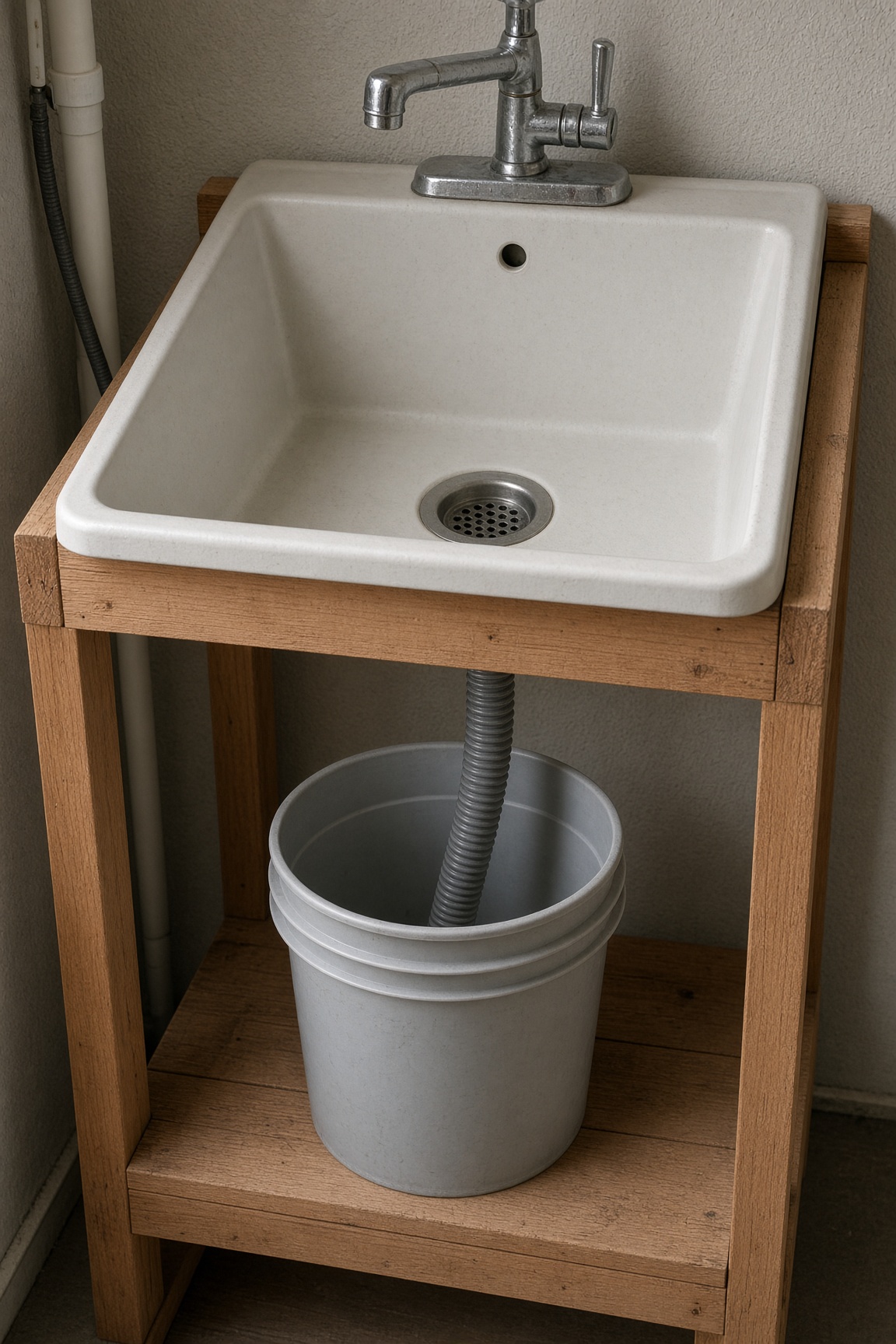 A garden wash stand with a white utility sink, wooden frame, and a bucket catching drain water