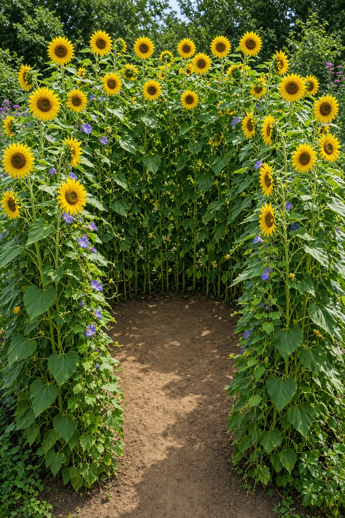 Tall sunflowers planted in a ring forming a leafy playhouse with a dirt path entrance