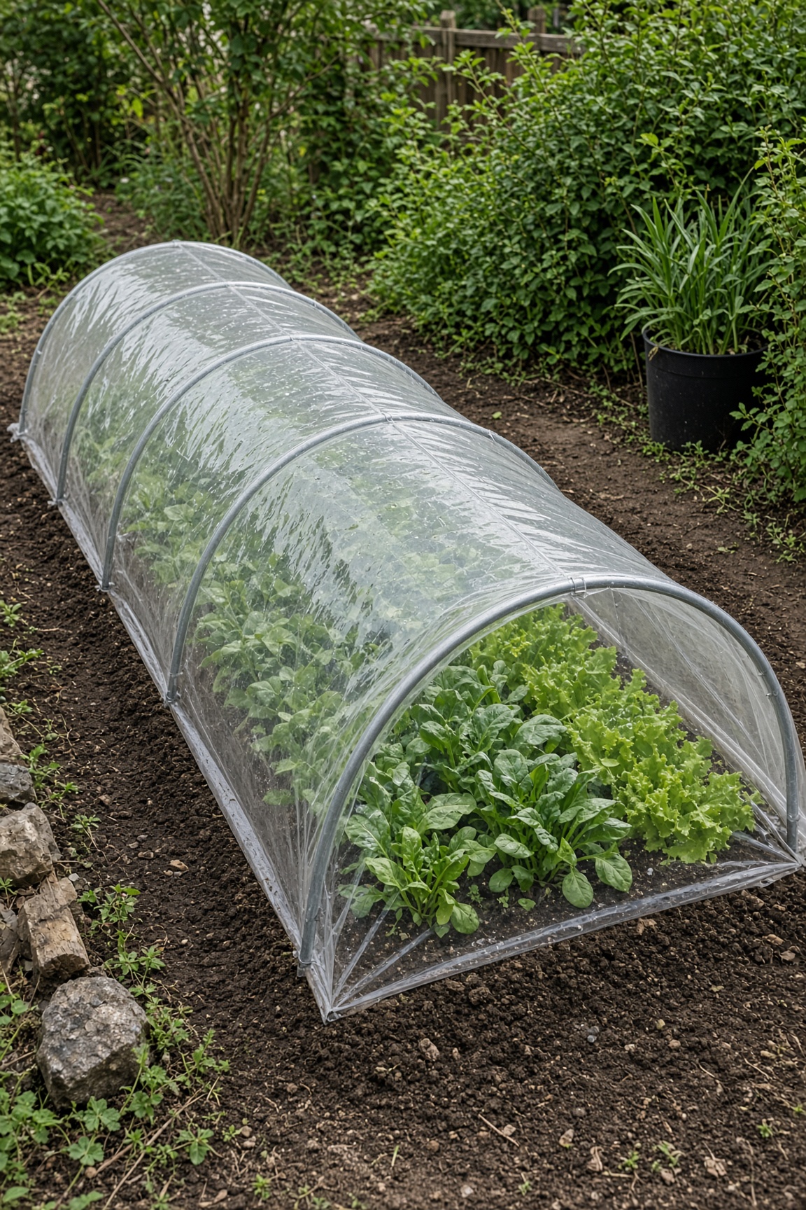 A low Quonset hoop tunnel covering a row of leafy greens in a garden bed