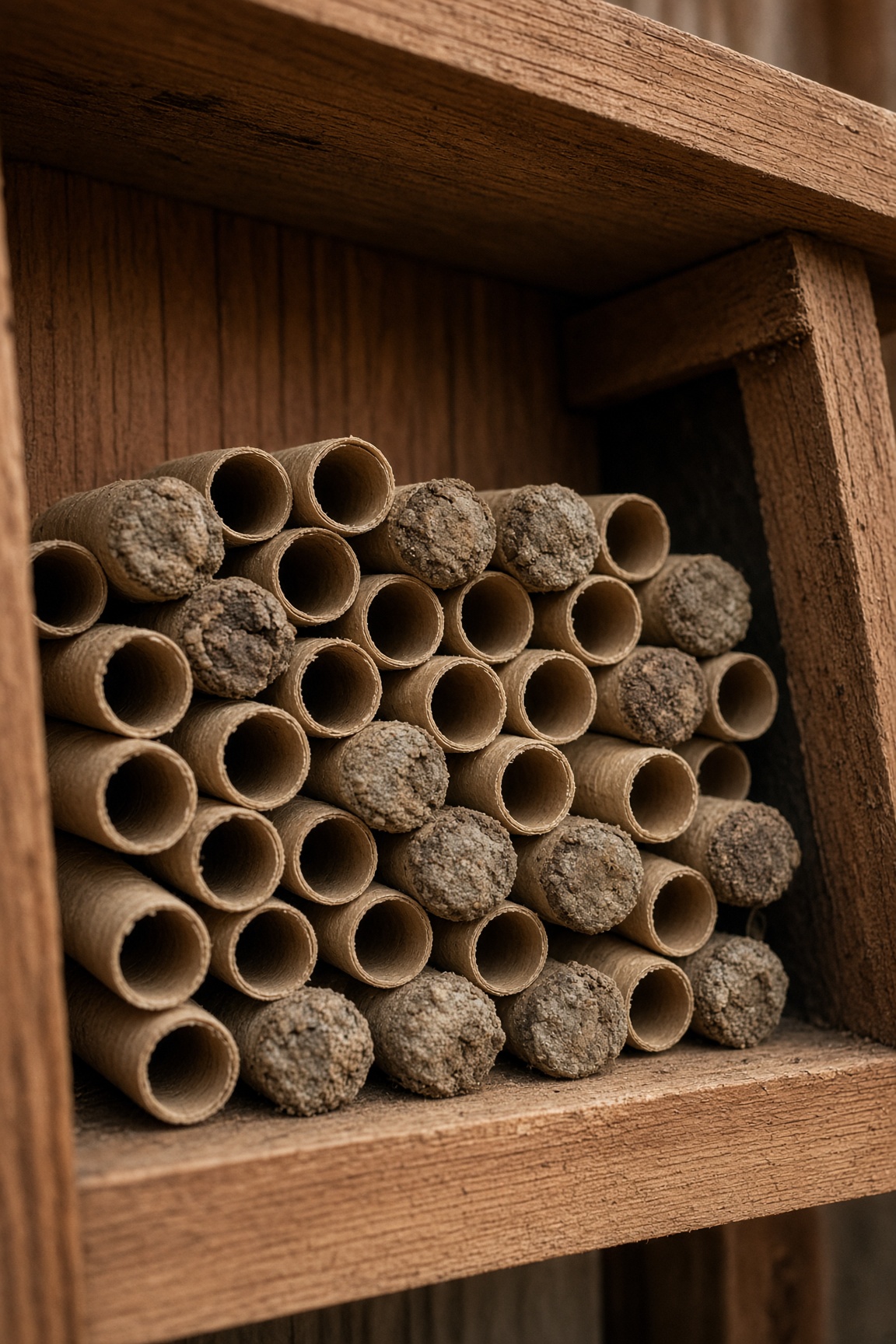Close-up of bundled paper tubes inside a mason bee house