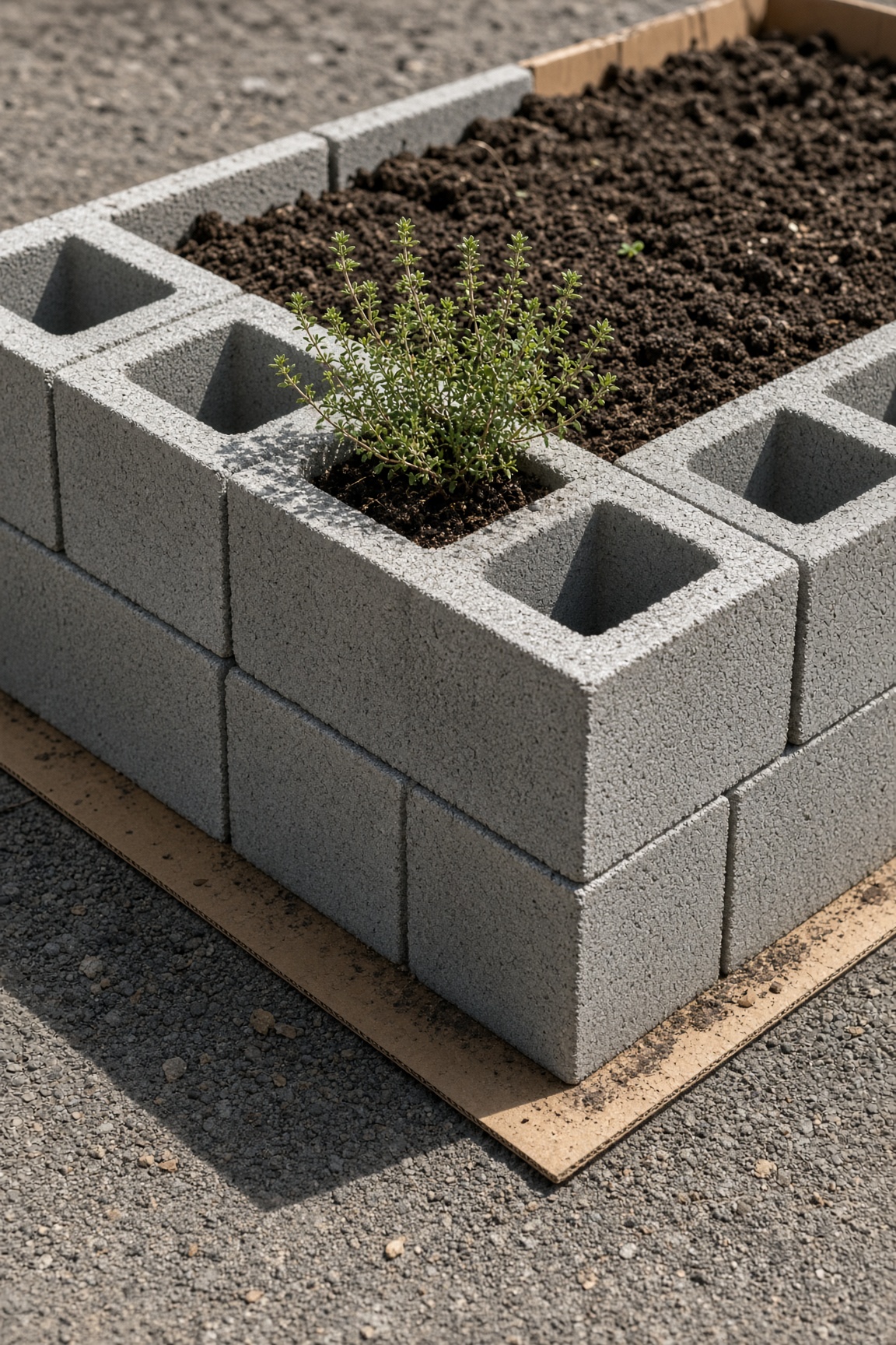 A young thyme plant growing in the hole of a concrete block raised bed