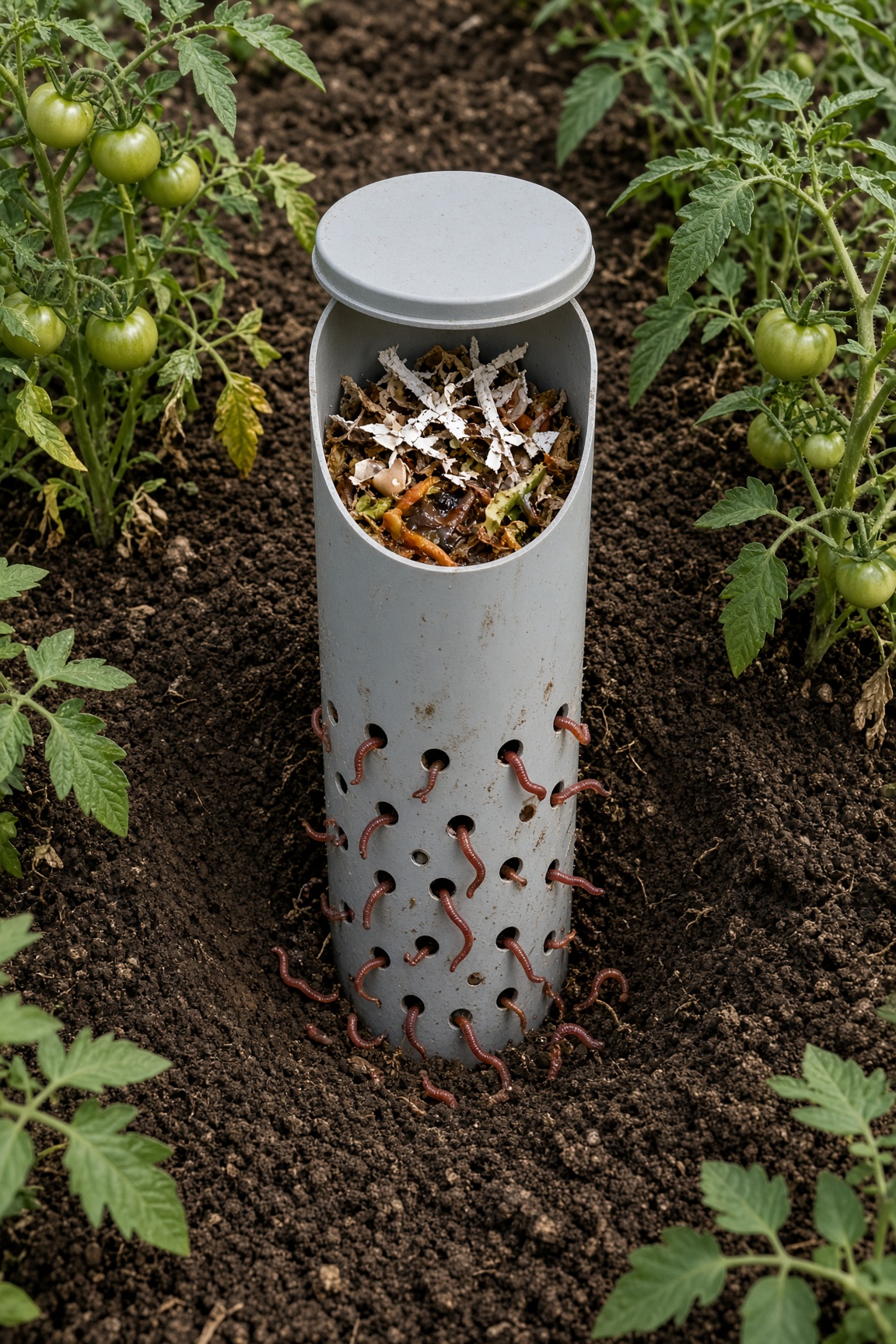 Worm tower with lid removed, scraps and shredded paper inside, worms moving through holes