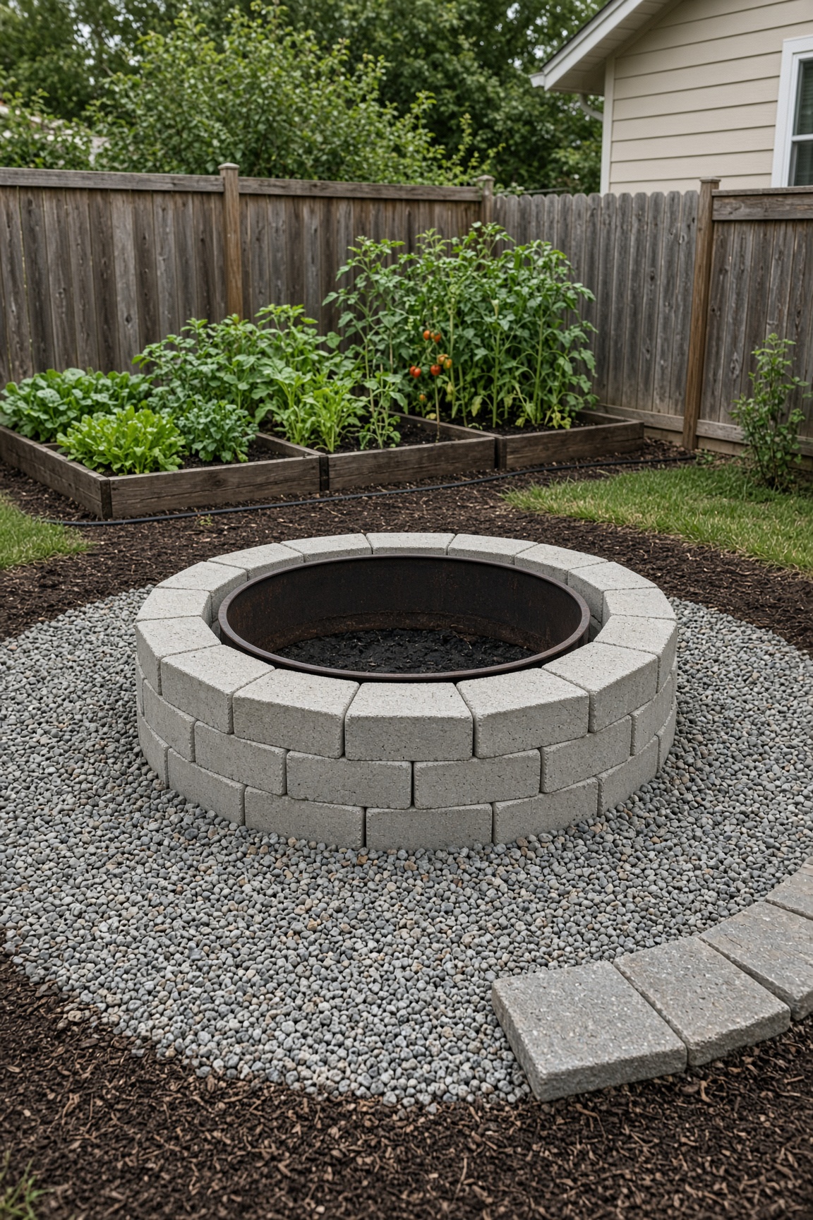 Backyard fire pit ring with gravel patio and raised garden beds in the background