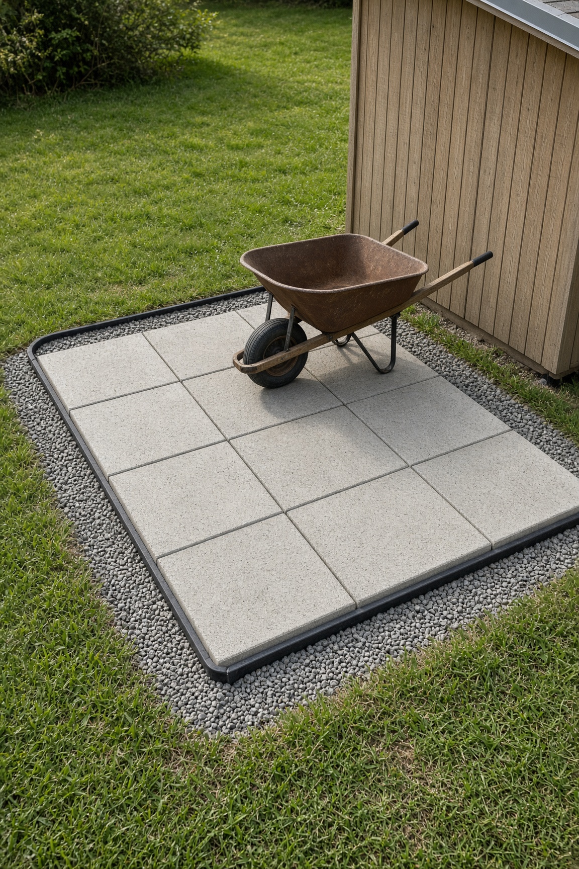 A wheelbarrow resting on a 4×6 ft paver pad beside a shed
