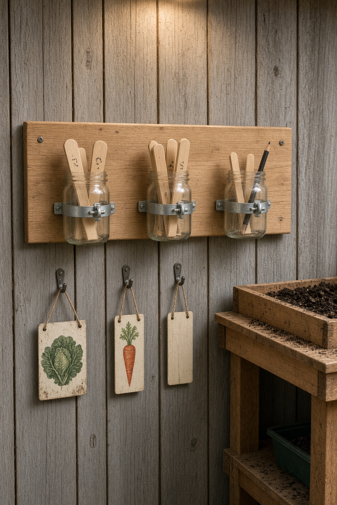 A wall-mounted organizer with mason jars of wooden markers and hanging vegetable signs