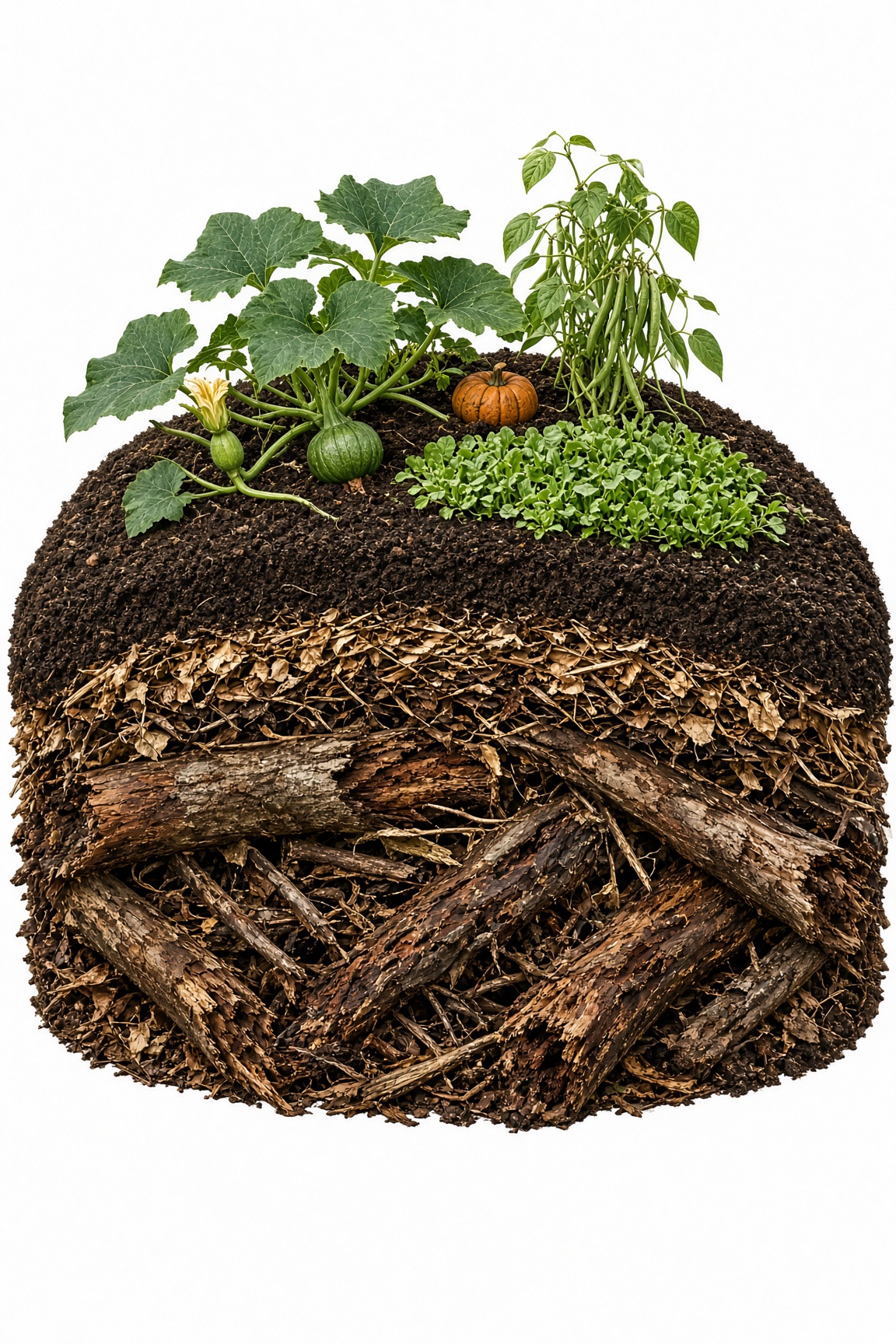 Cutaway view of a hugelkultur mound showing layers of logs, branches, leaves, and a soil cap planted with squash, beans, and lettuce