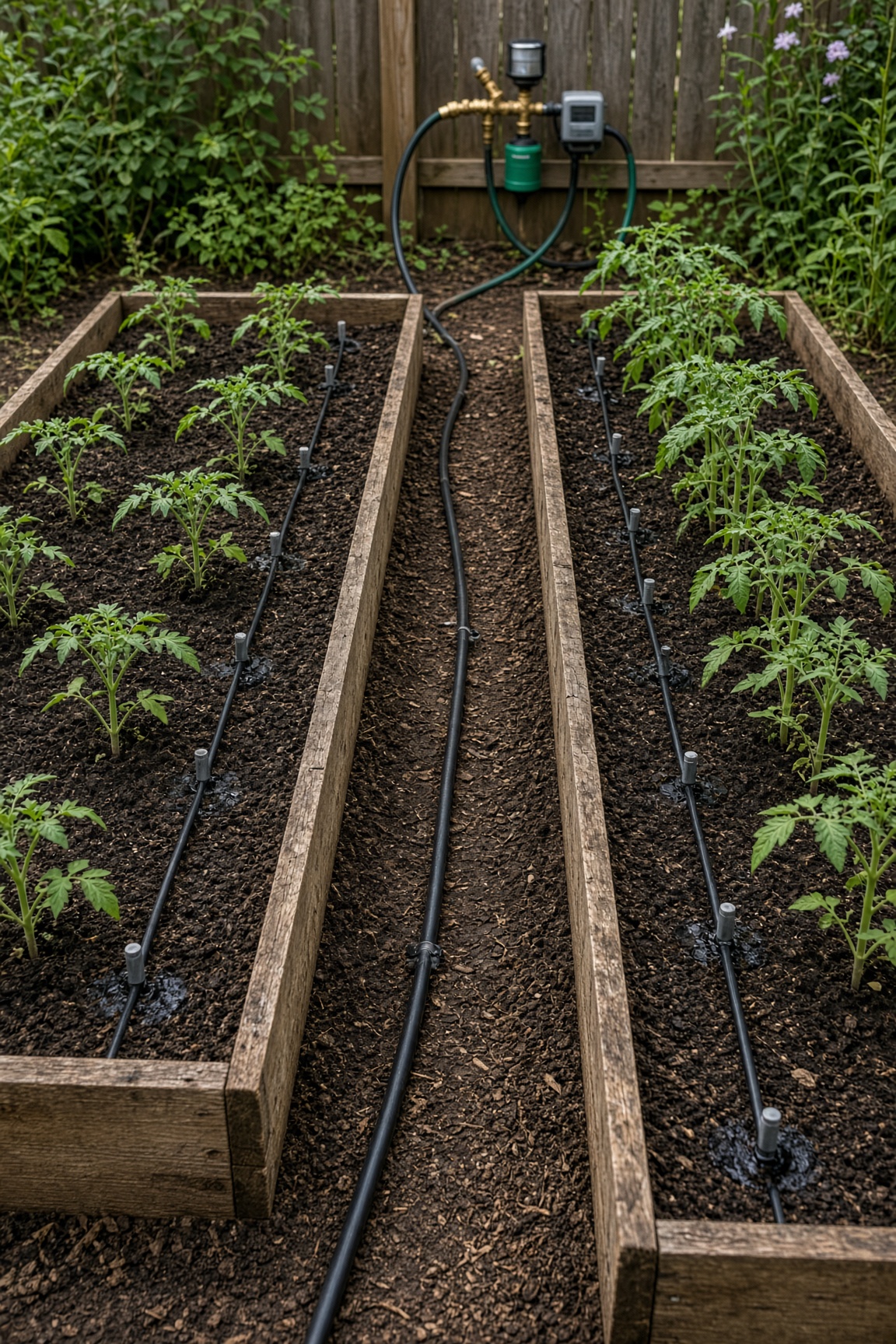 Drip lines running down rows in raised beds with young tomato plants