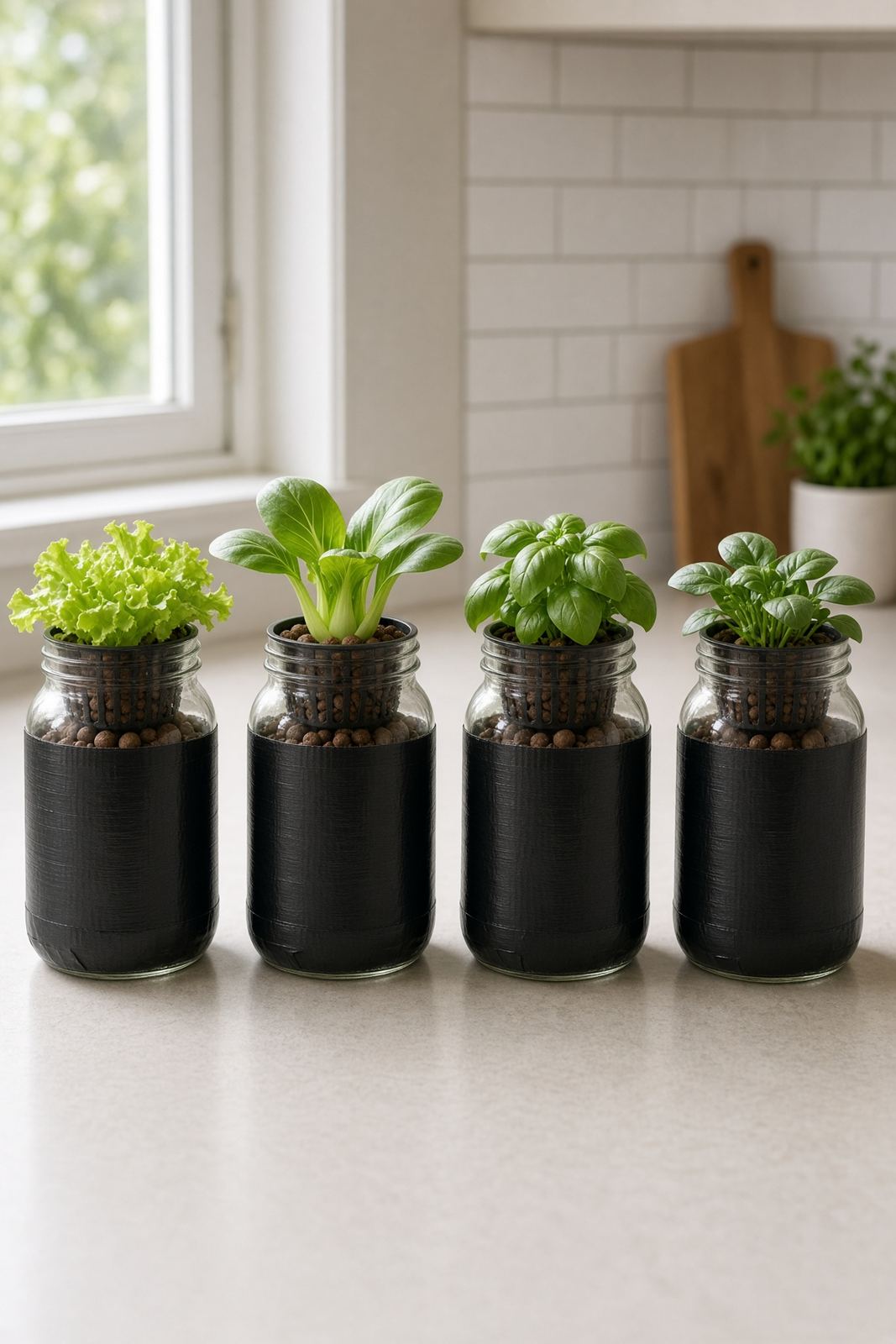 Four half-gallon mason jar Kratky setups on a kitchen counter, each with a net pot of clay pebbles holding lettuce, bok choy, basil, and herbs