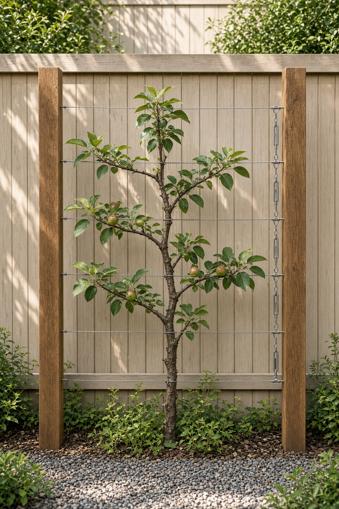 A young espaliered apple tree trained on horizontal wires between two wooden posts