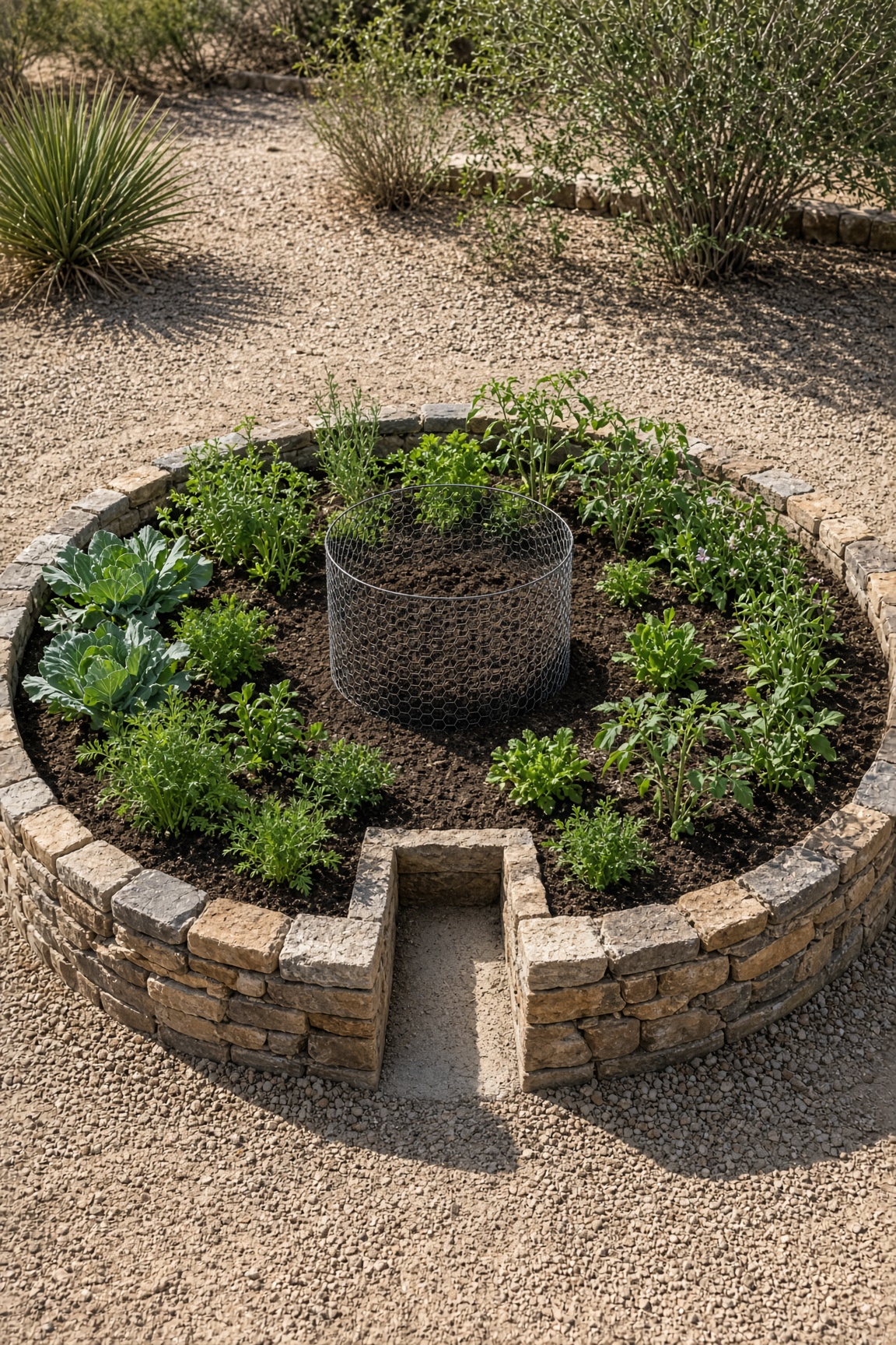 A circular keyhole garden built with stacked stone, a wire compost tower in the center, and a notched walkway
