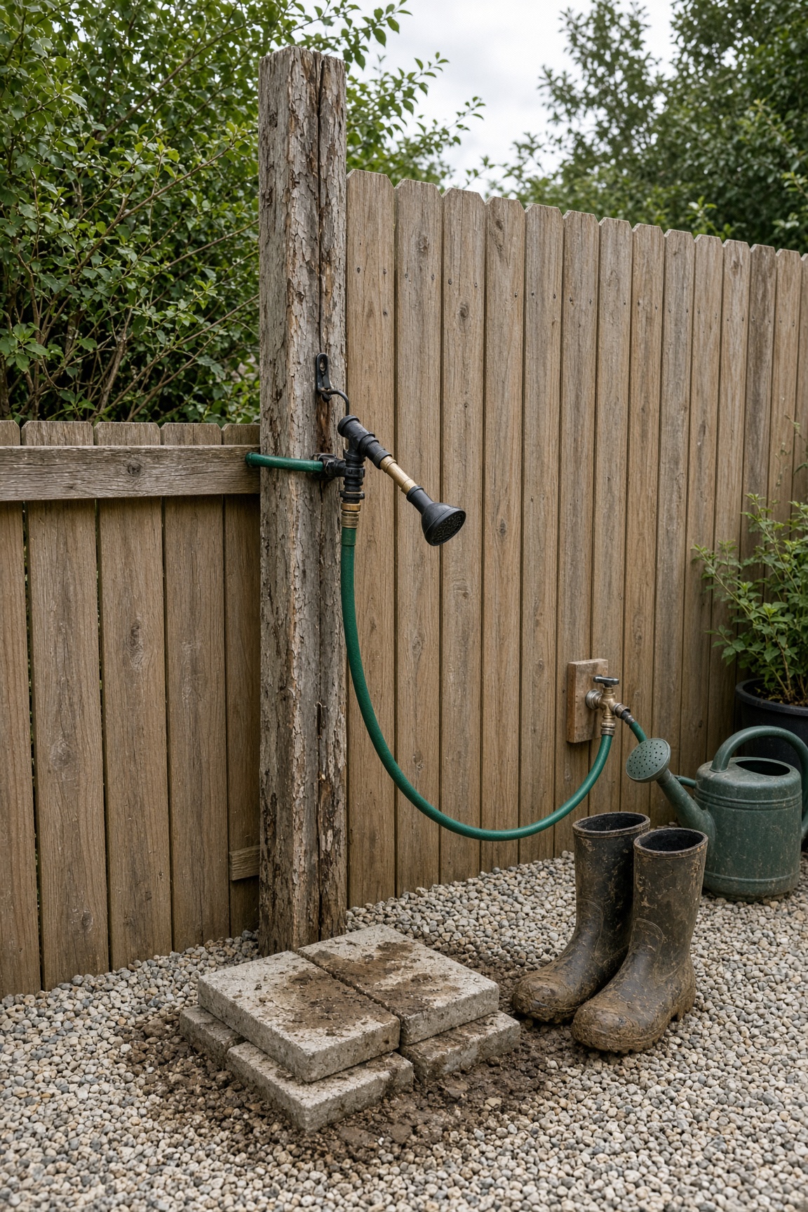 A garden hose with a spray nozzle and shutoff hung on an existing fence post, with boots and a watering can nearby