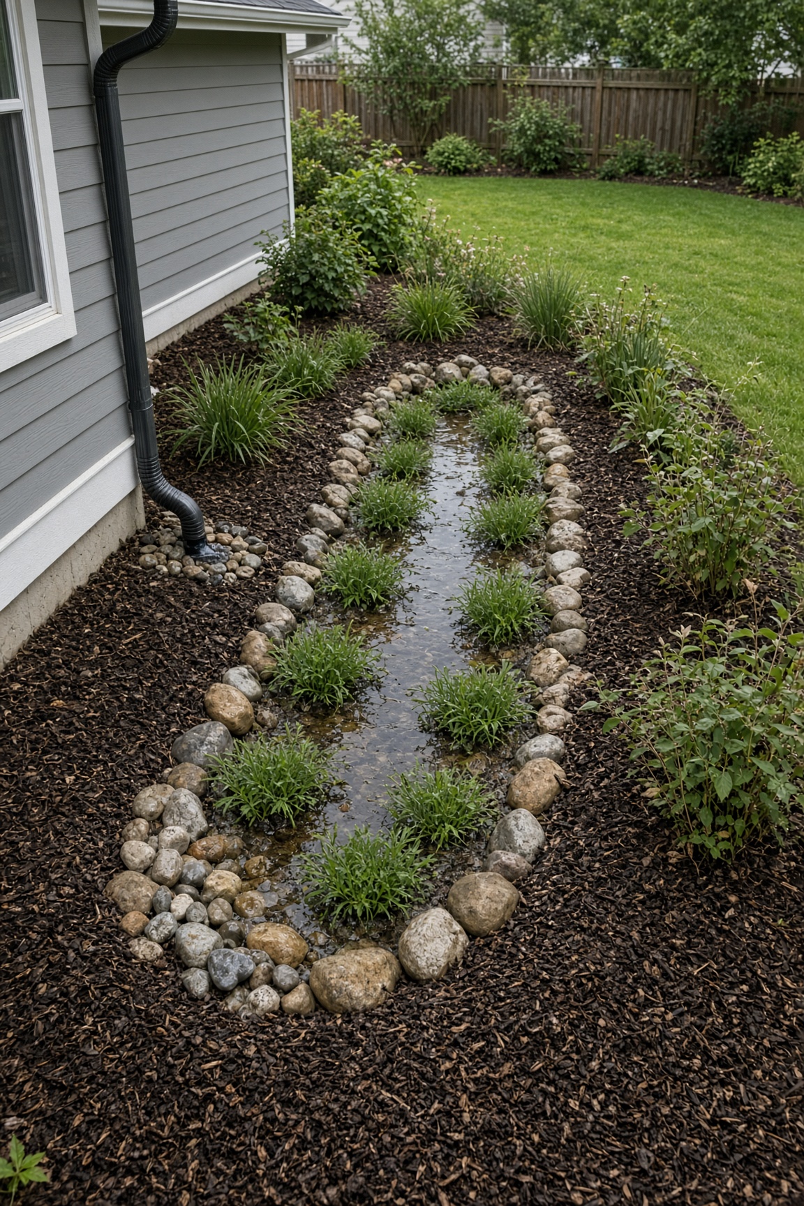 Shallow rain garden basin along a house foundation with river stone edging and native plants