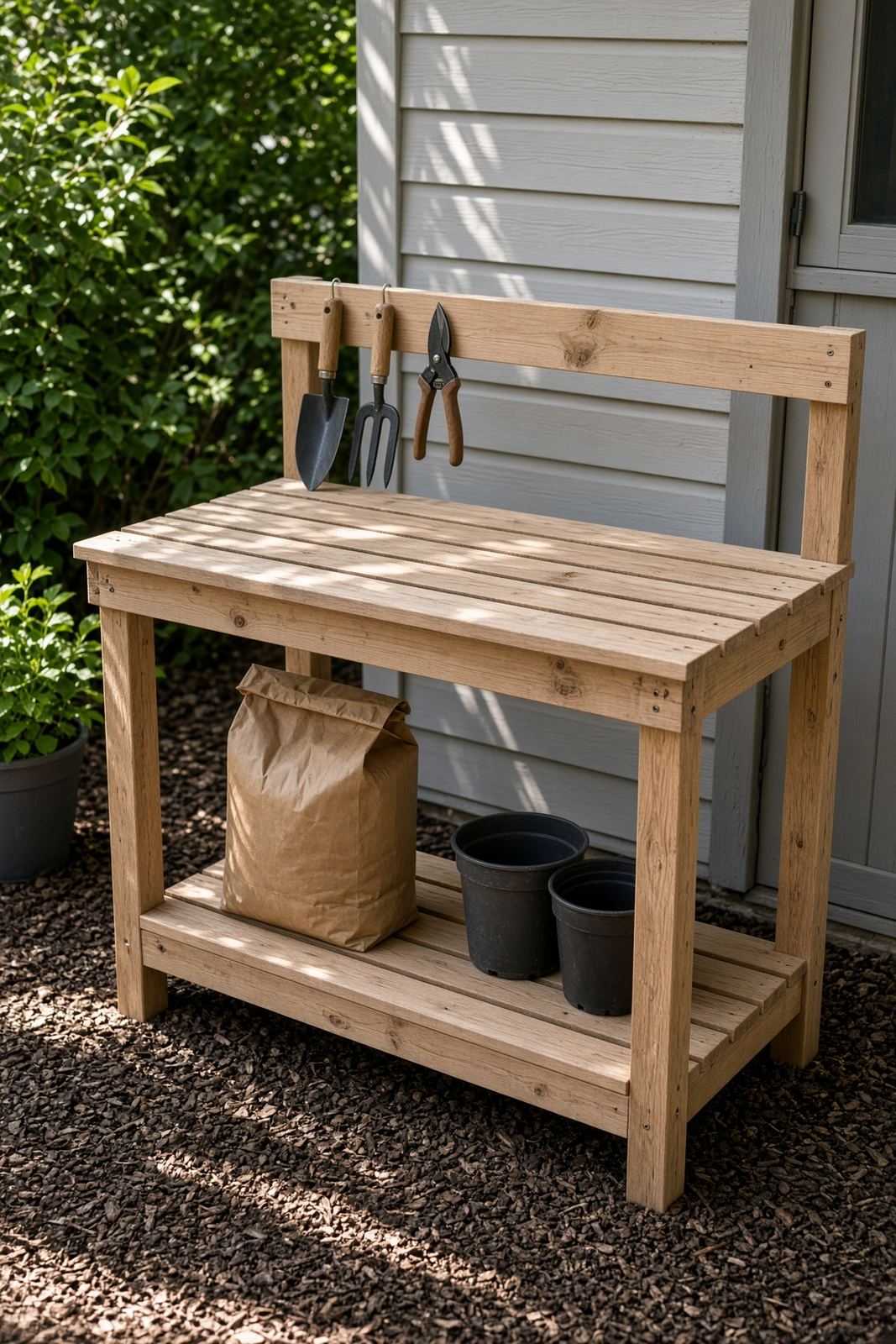 A finished wooden potting bench with tool hooks, a lower shelf, and pots underneath