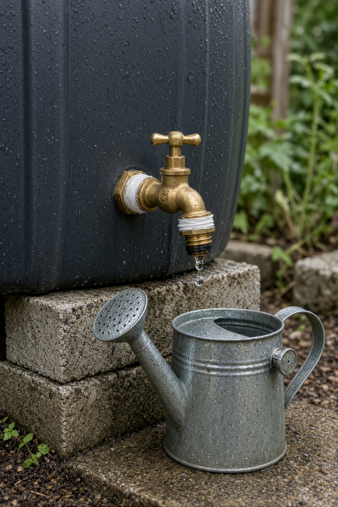 Brass spigot with bulkhead fitting on a dark rain barrel, watering can below
