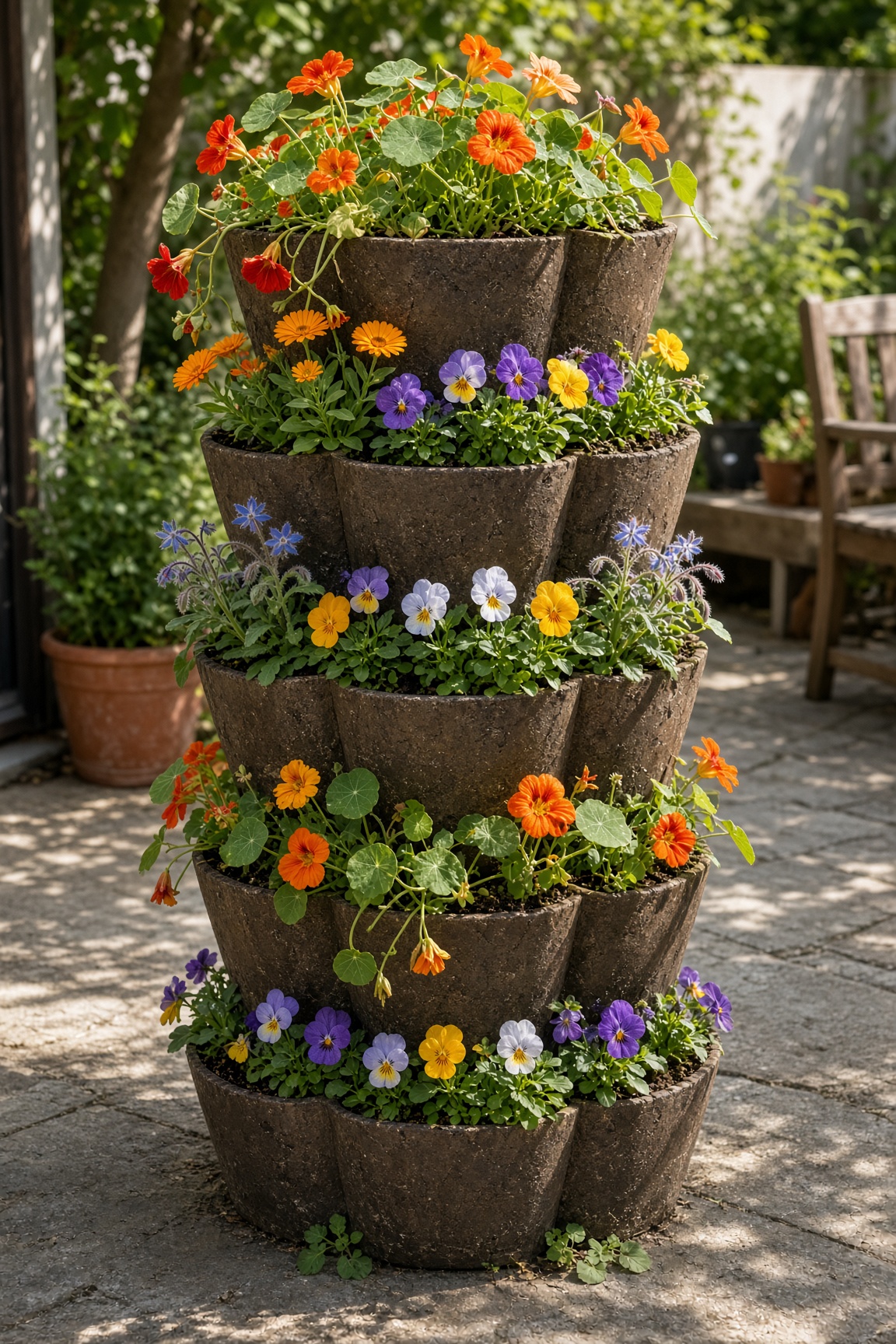 A tiered flower tower with nasturtiums, violas, calendula, and borage blooming on a patio