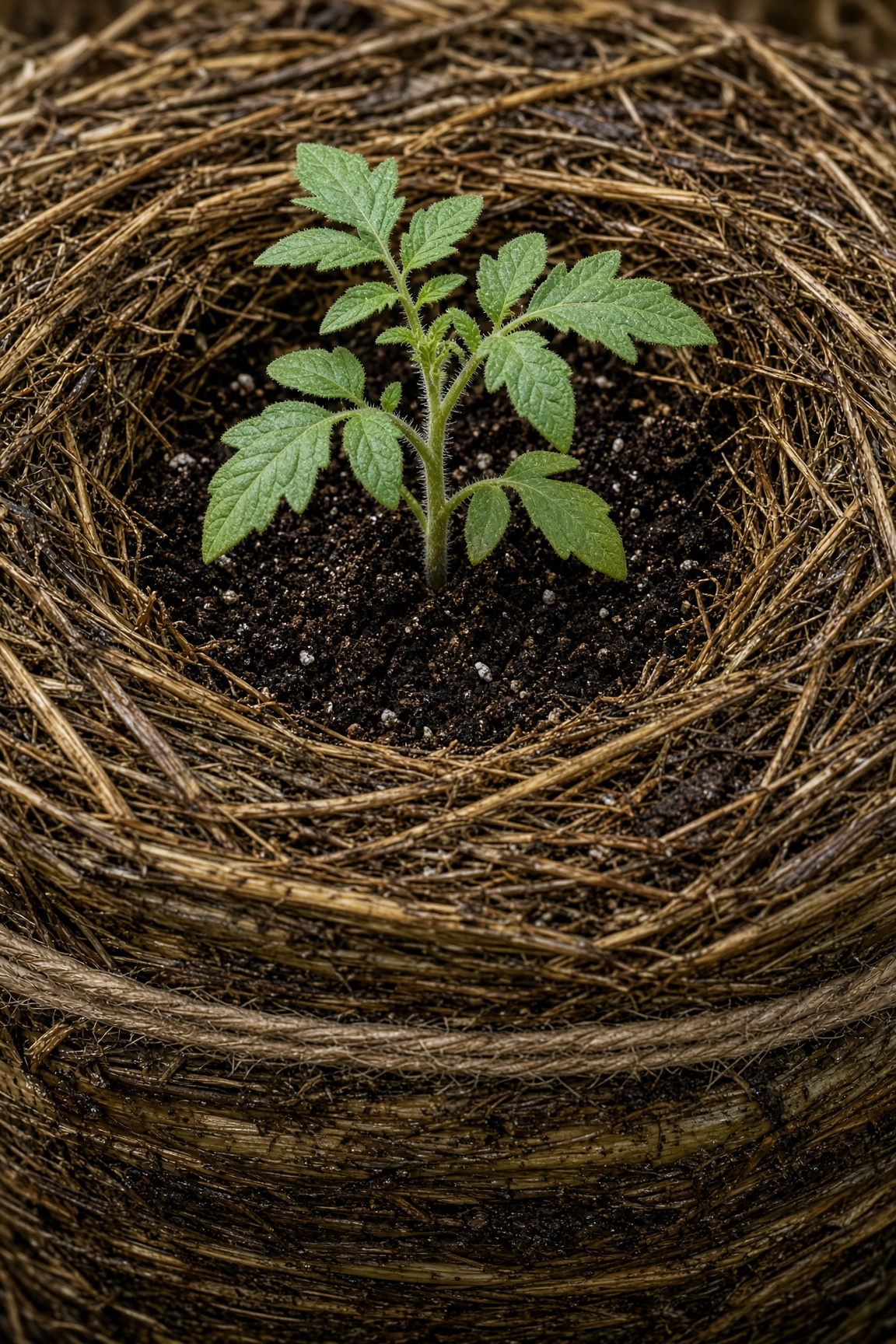 A young tomato seedling planted in the top of a conditioned straw bale