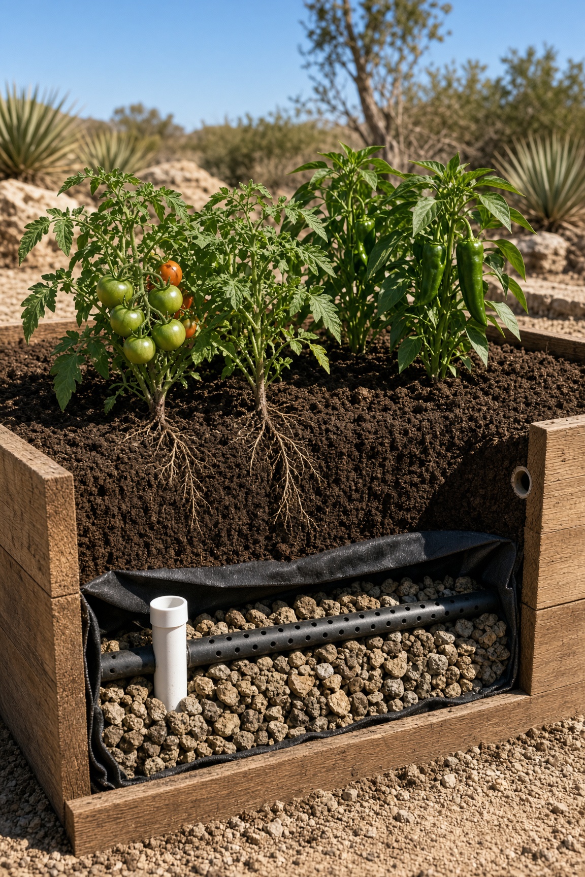 Cutaway view of a self-wicking raised bed showing the reservoir, perforated pipe, and fill tube