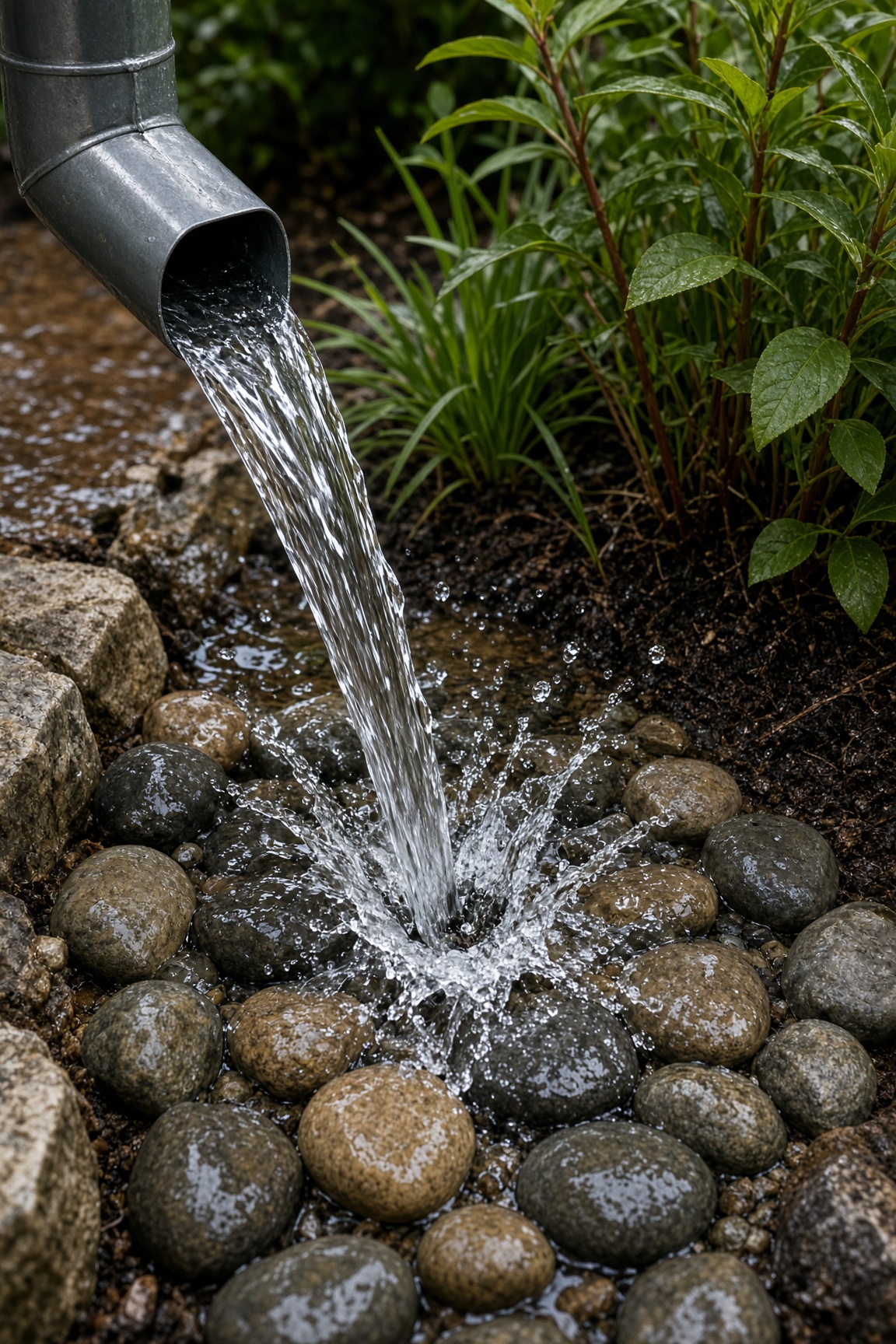 Downspout pouring water onto river stones at the rain garden inlet