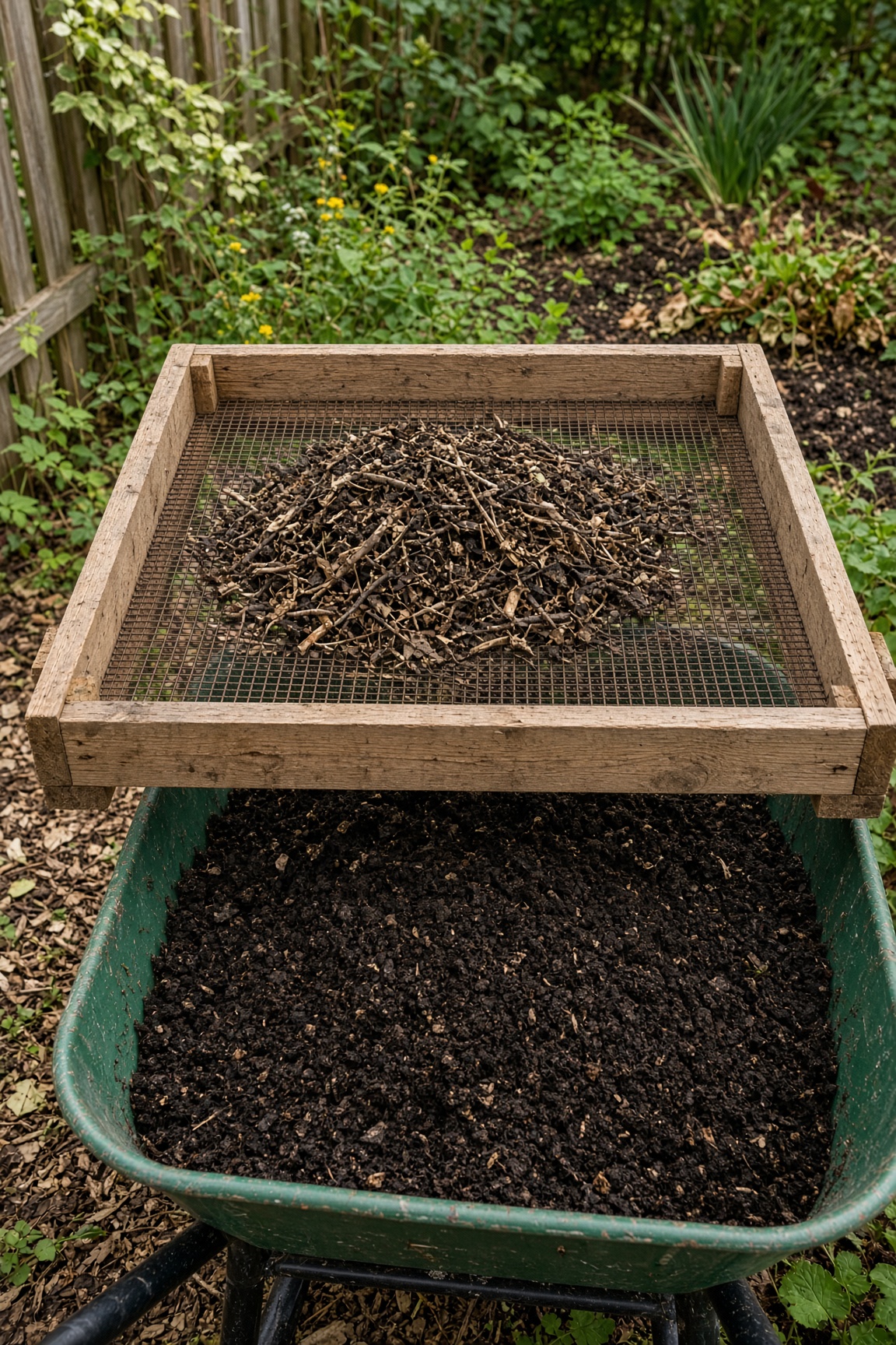 A wooden compost sifter full of dry compost sitting over a green wheelbarrow in a garden
