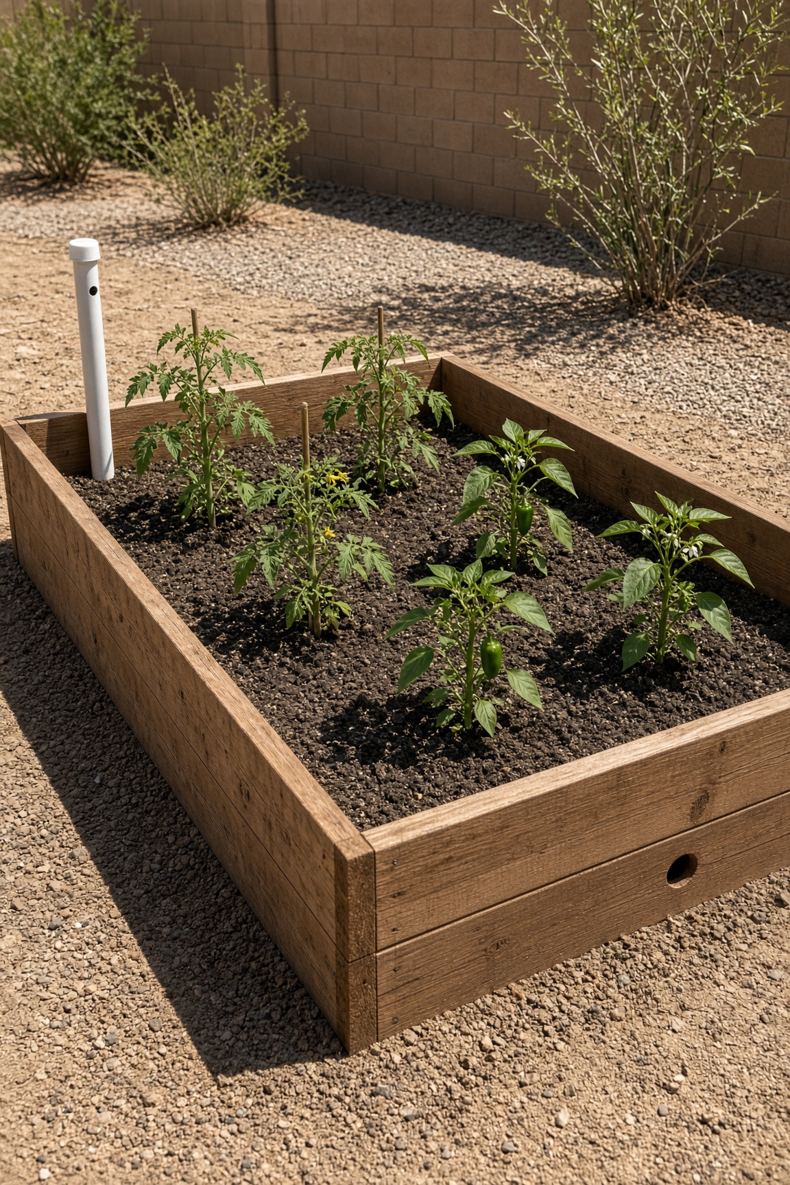A finished self-wicking raised bed with tomatoes and peppers growing in a hot, dry garden