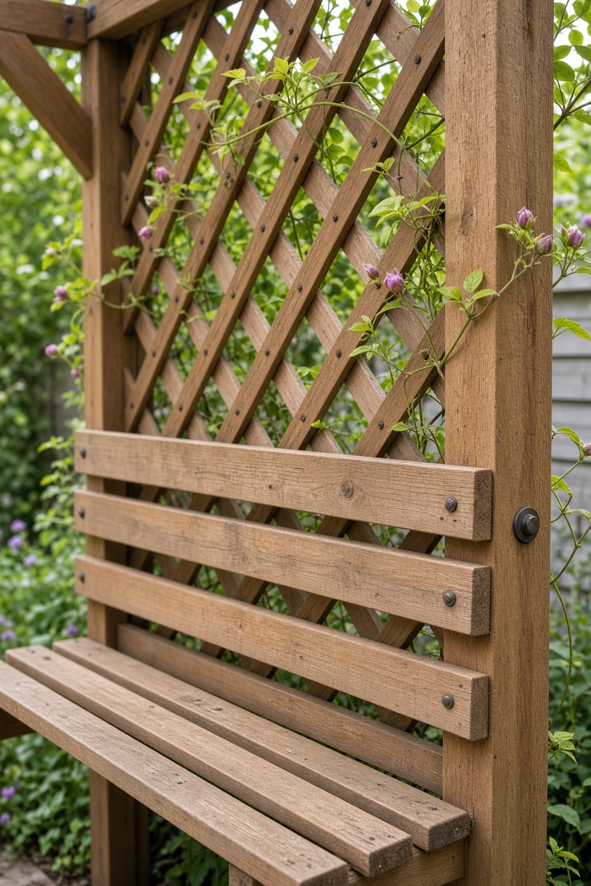 Close-up of the arbor bench slats and diagonal lattice