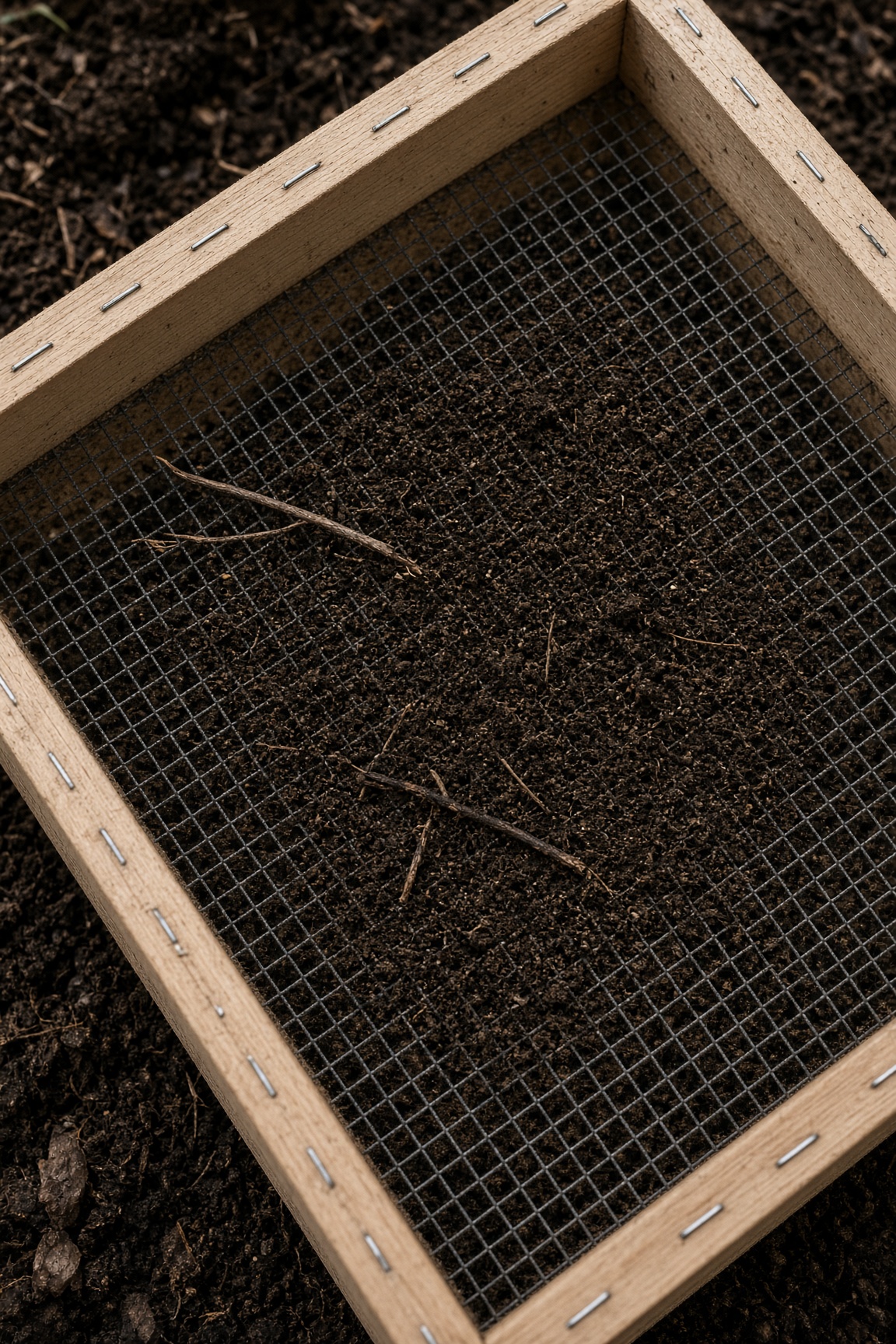 Close-up of a wooden compost sifter frame with 1/4-inch hardware cloth stapled across the bottom