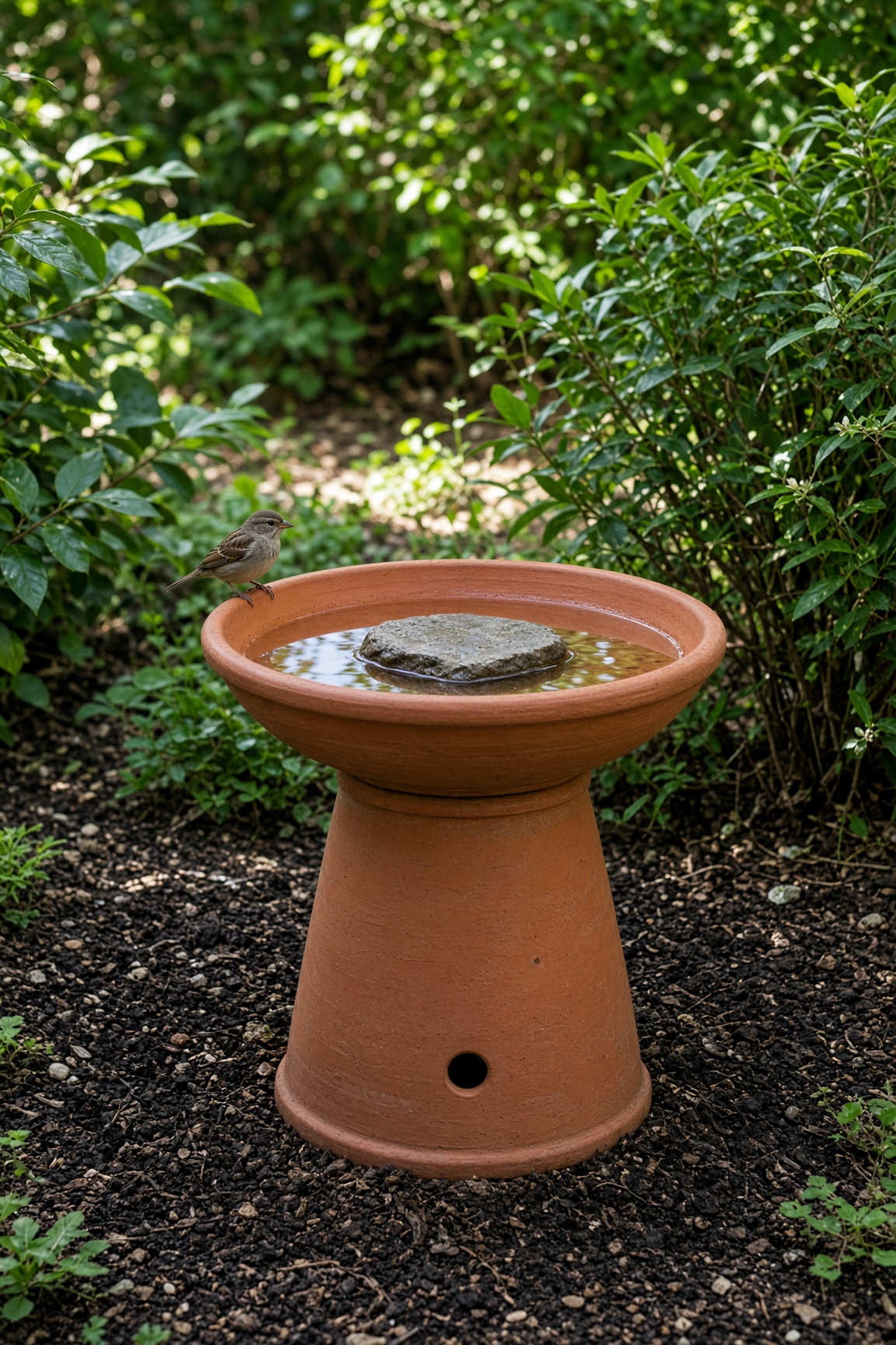 A terracotta bird bath with a small bird perched on the rim, set in a shady garden bed
