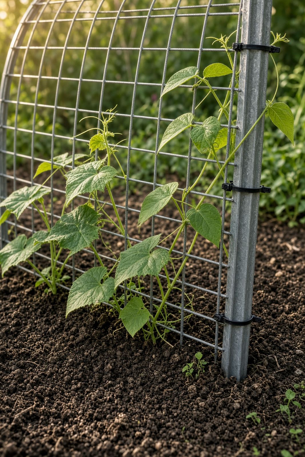 Cattle panel arch trellis with climbing vines tied to T-posts in a garden bed