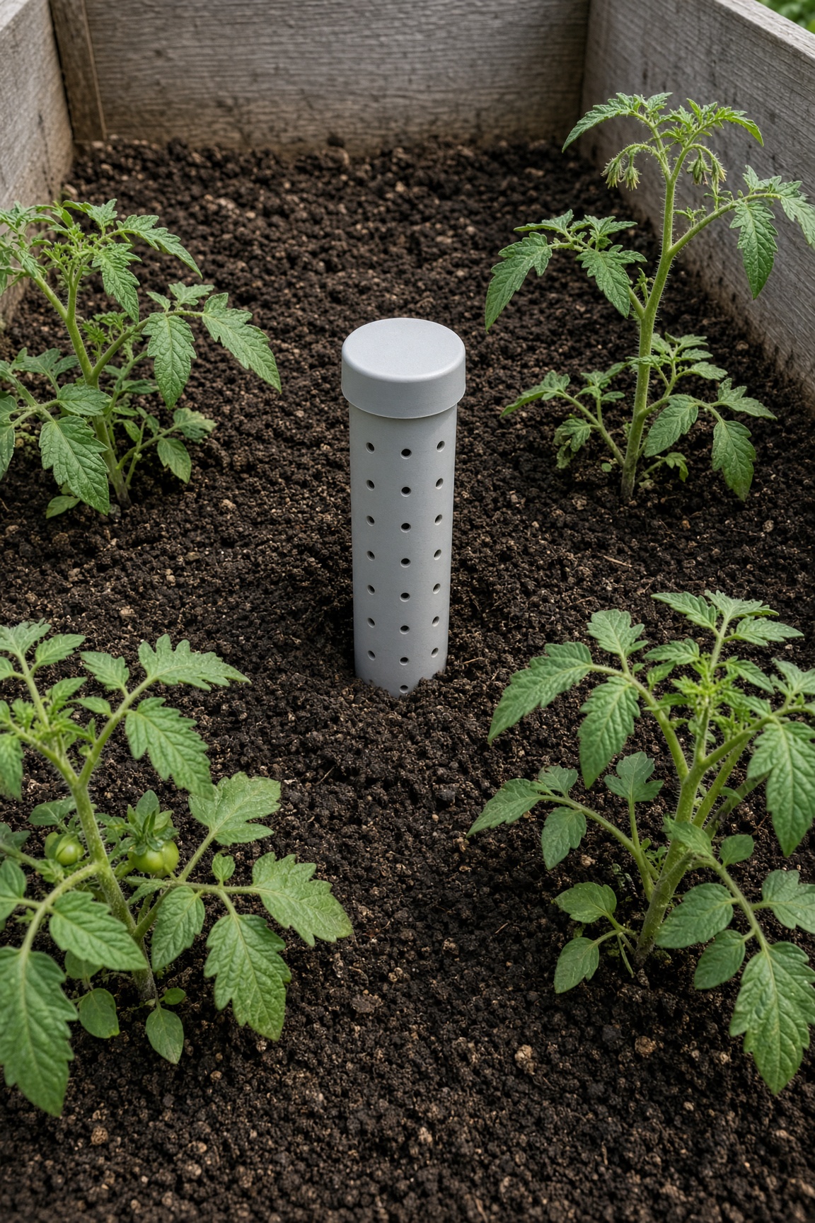 Perforated PVC pipe tower buried among young tomato plants