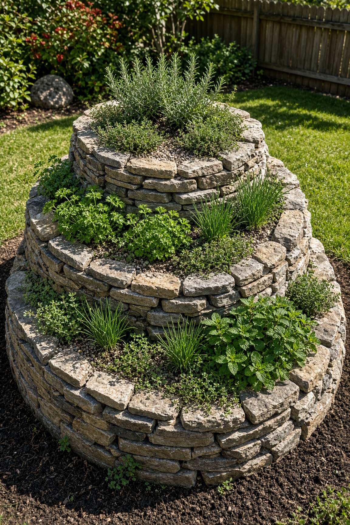 A complete stone herb spiral in a backyard with multiple herbs planted on different levels