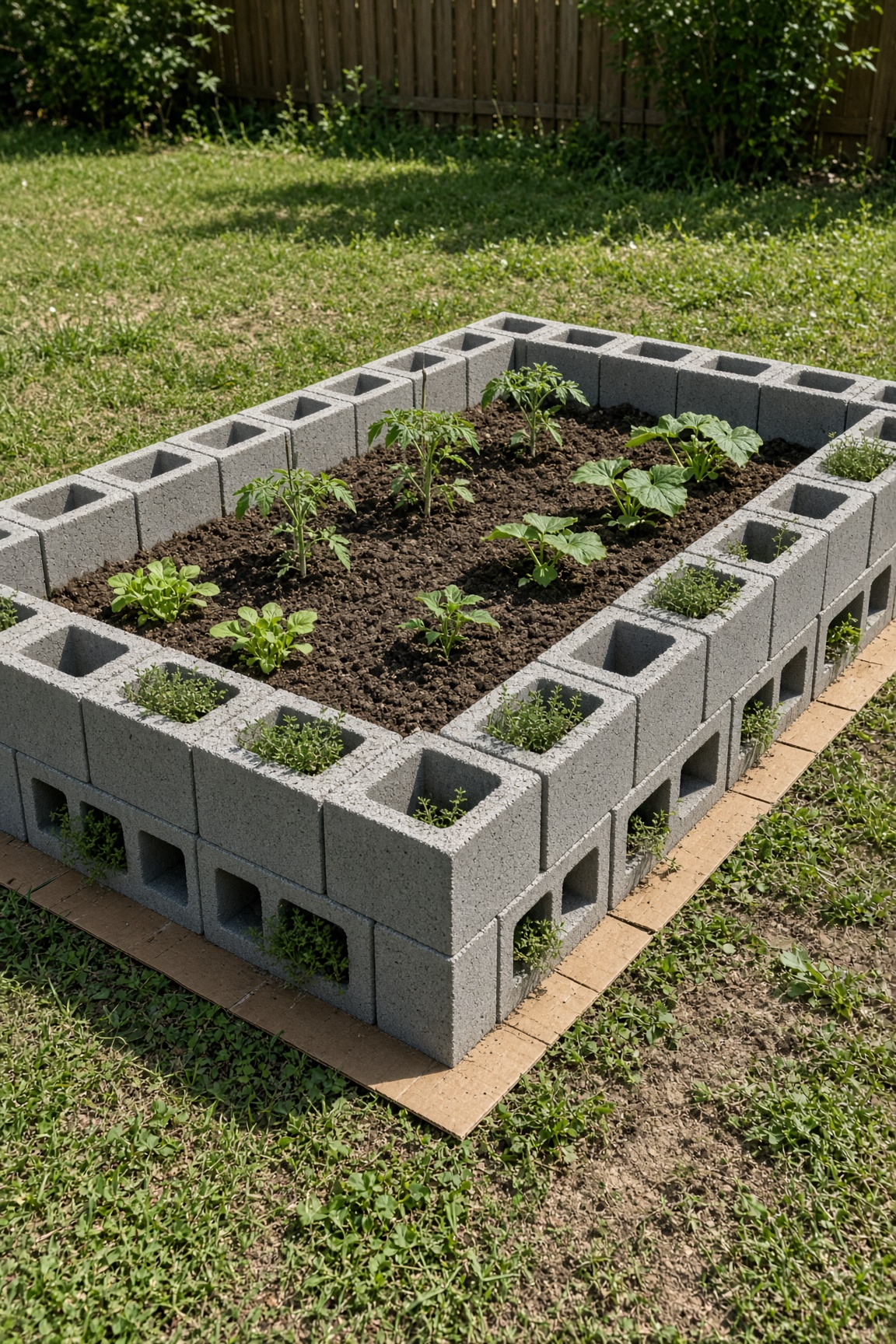 A finished 4×8 concrete block raised bed with vegetables and herbs planted in the block holes