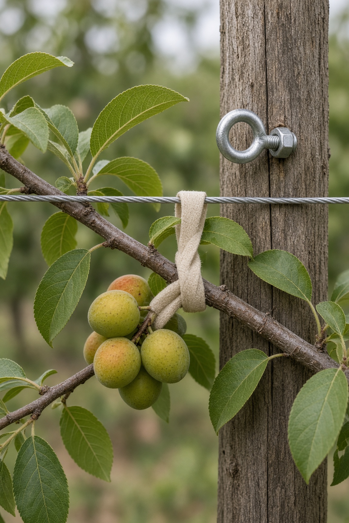 A young fruit tree branch tied to a galvanized wire on a wooden post with an eye bolt