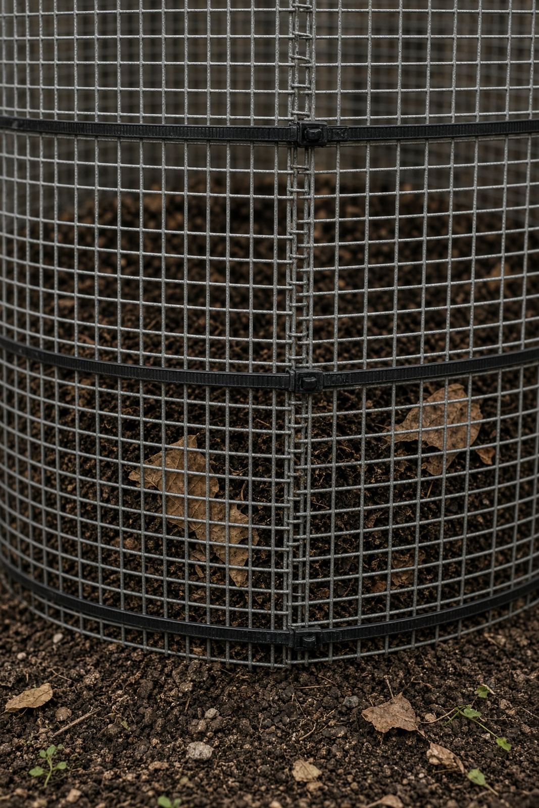 Close-up of wire mesh joined with zip ties on a compost bin