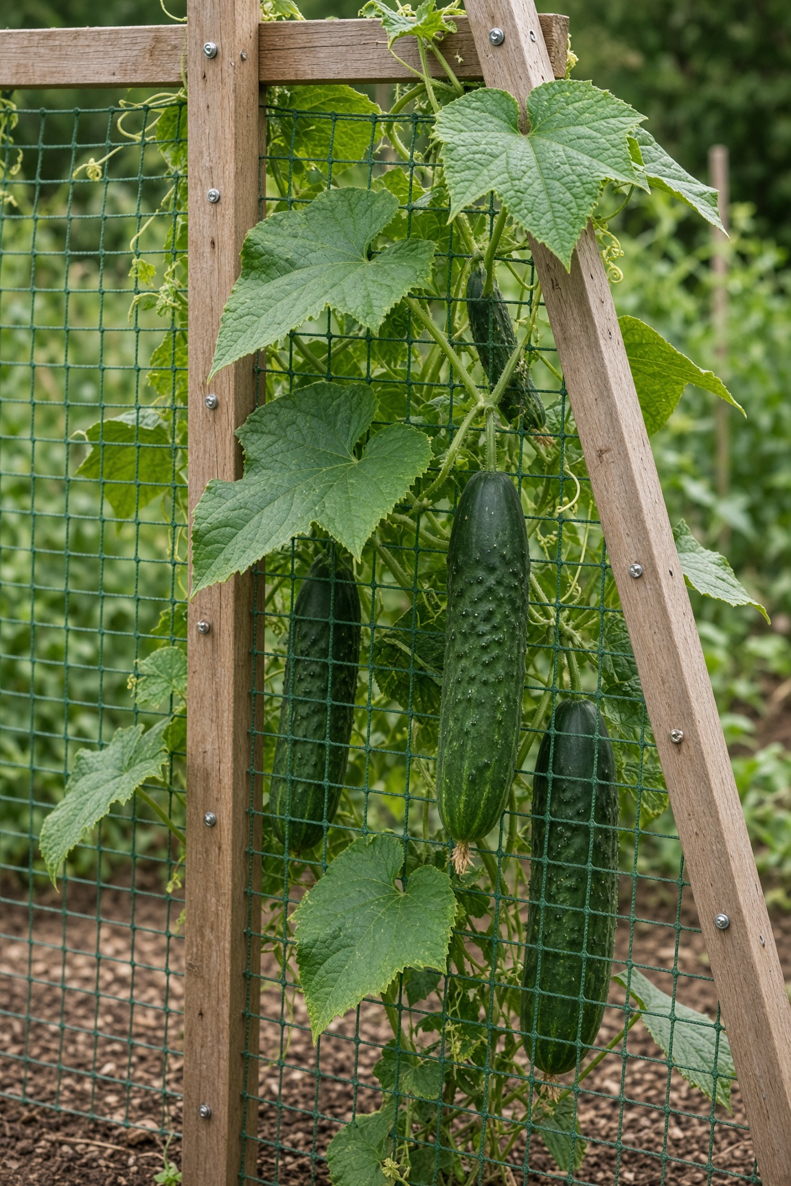 Close-up of cucumbers hanging on mesh attached to a wooden A-frame trellis
