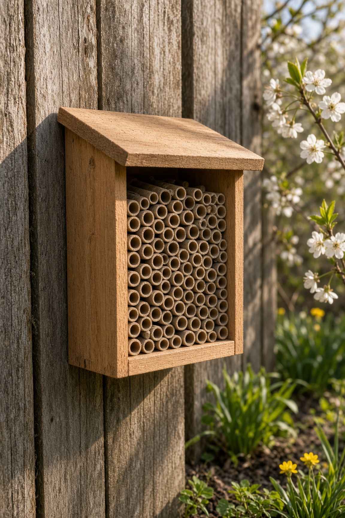 Wooden mason bee house mounted on a garden fence with paper tubes visible
