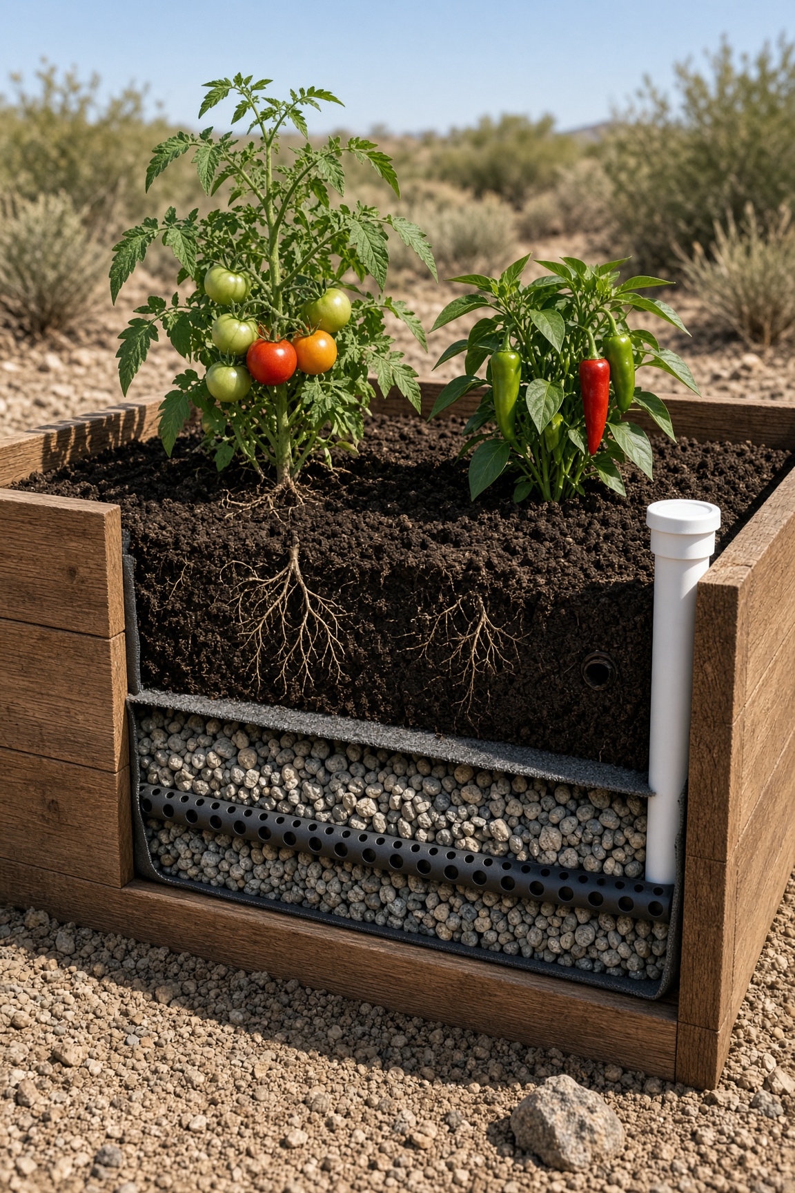 Cross-section of a self-wicking raised bed showing roots reaching down toward the water reservoir