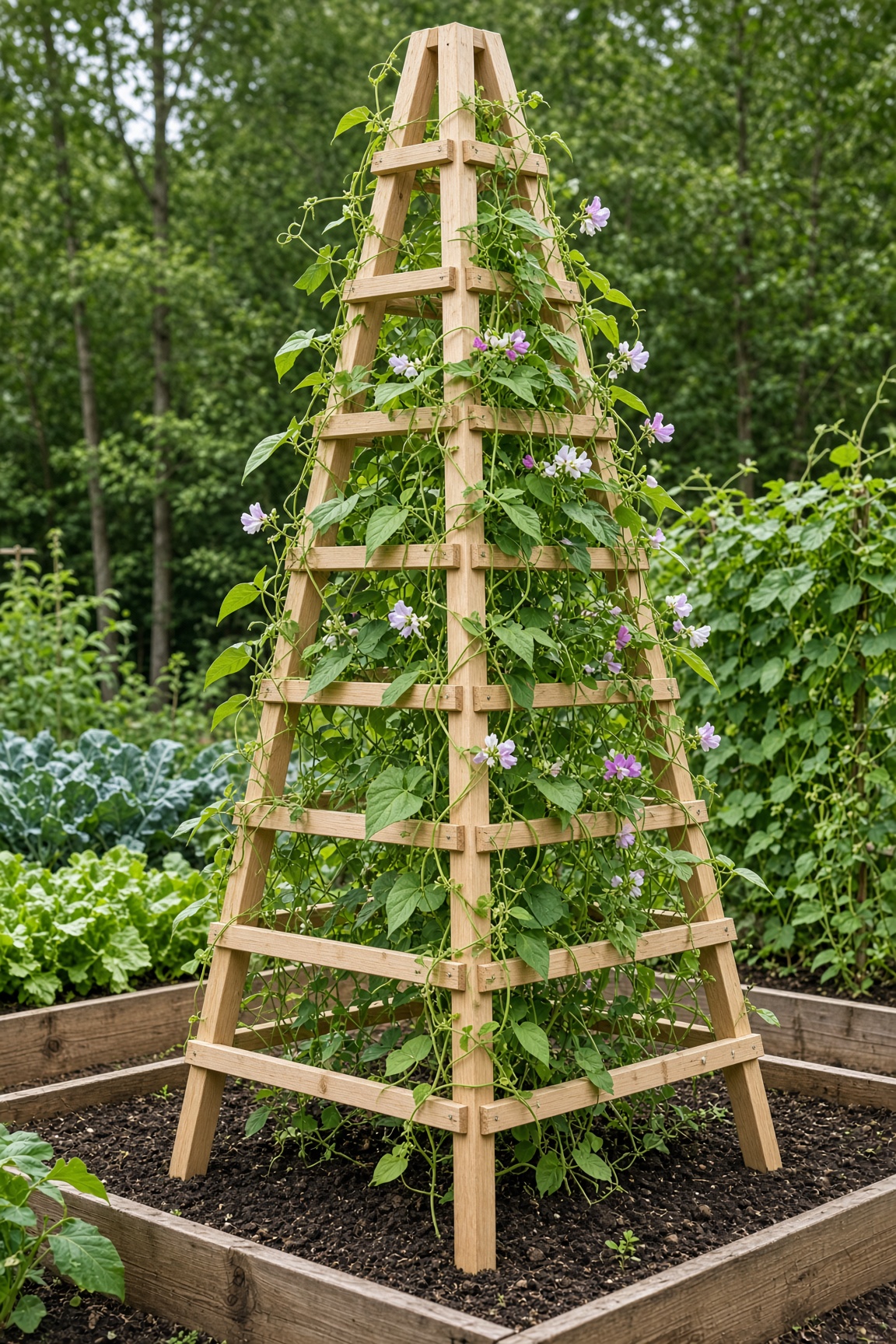 A tall cedar garden obelisk with rungs on all four sides, covered in flowering vines in a raised bed