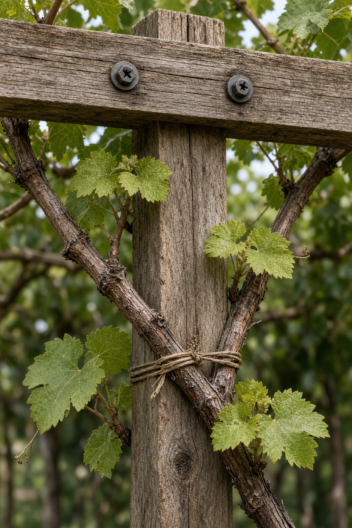 Close-up of a grapevine trunk tied to a weathered pergola post under a bolted beam