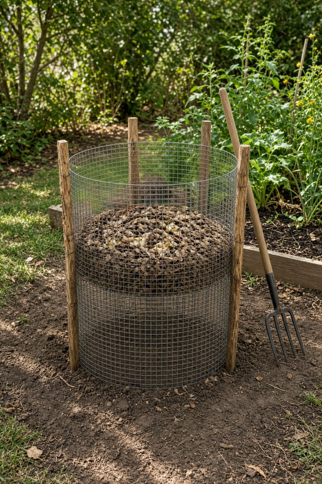 Full wire mesh compost bin filled with browns and greens in a garden bed